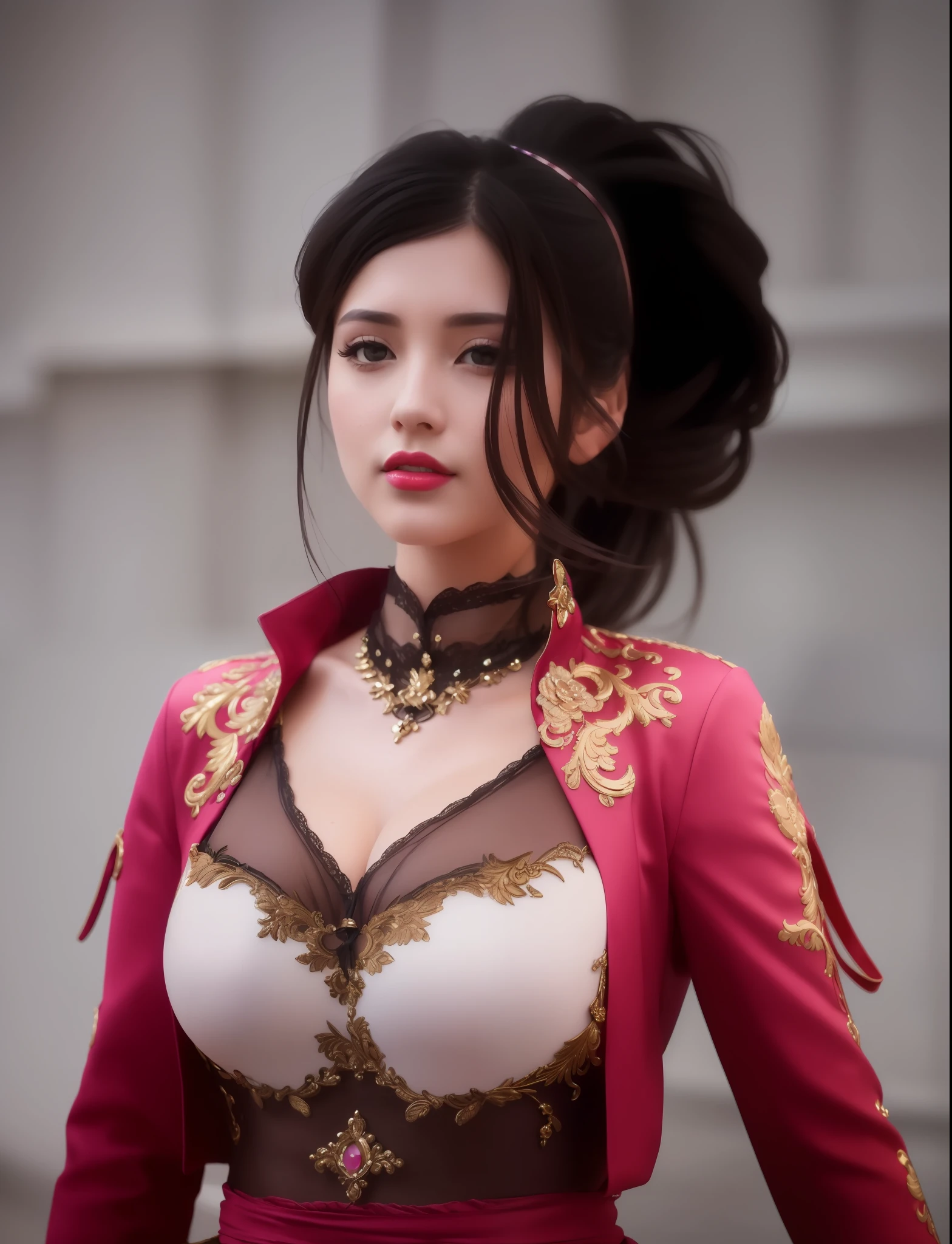 (masterpiece, best quality, extremely detailed 8k, ultra hd, ultra-detailed, highly detailed, highly realistic, ultra-realistic, photo realistic), (1girl:1.5), (detailed realistic skin), (realistic big breasts), (pink lipstick)