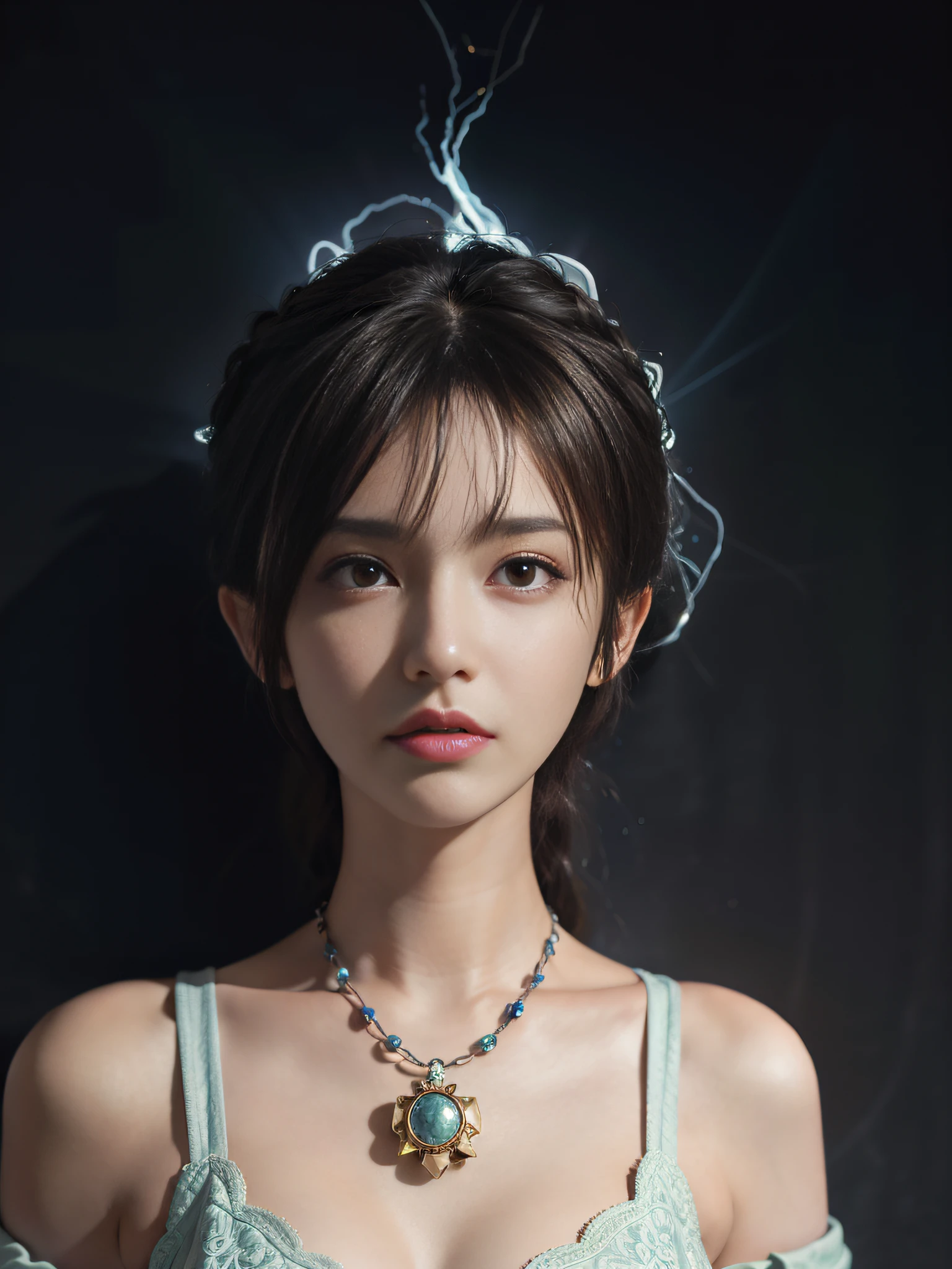 Surrealist female portraits by David Hockney and Alphonse Mucha, fantasy art, photorealism, dynamic lighting, artstation, poster, volumetric lighting, very detailed faces, 4k, award-winning, 1girl, in the dark, deep shadows, understated, white dress