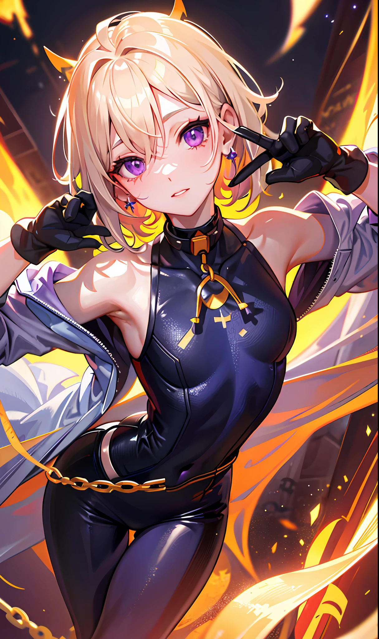 (Masterpiece, Side Light, Fine Beautiful Eyes: 1.2), (Masterpiece * Portrait), Portrait, (Bust), Realistic, Anatomically Correct, 3D Face, Sweet Skin, (Solo), Highlights, Gradient Hair, (Close-up of Face), Cute Face, (Fire Opal-like Purple Eyes), Hanging Eye Corner, ((High Detail Skin, Visible Pores)), (Perfect Figure), A Beautiful Girl, Small Breasts, ((hazmat_suit)), (Neck Ring), Very, very short short gloves, (chains)