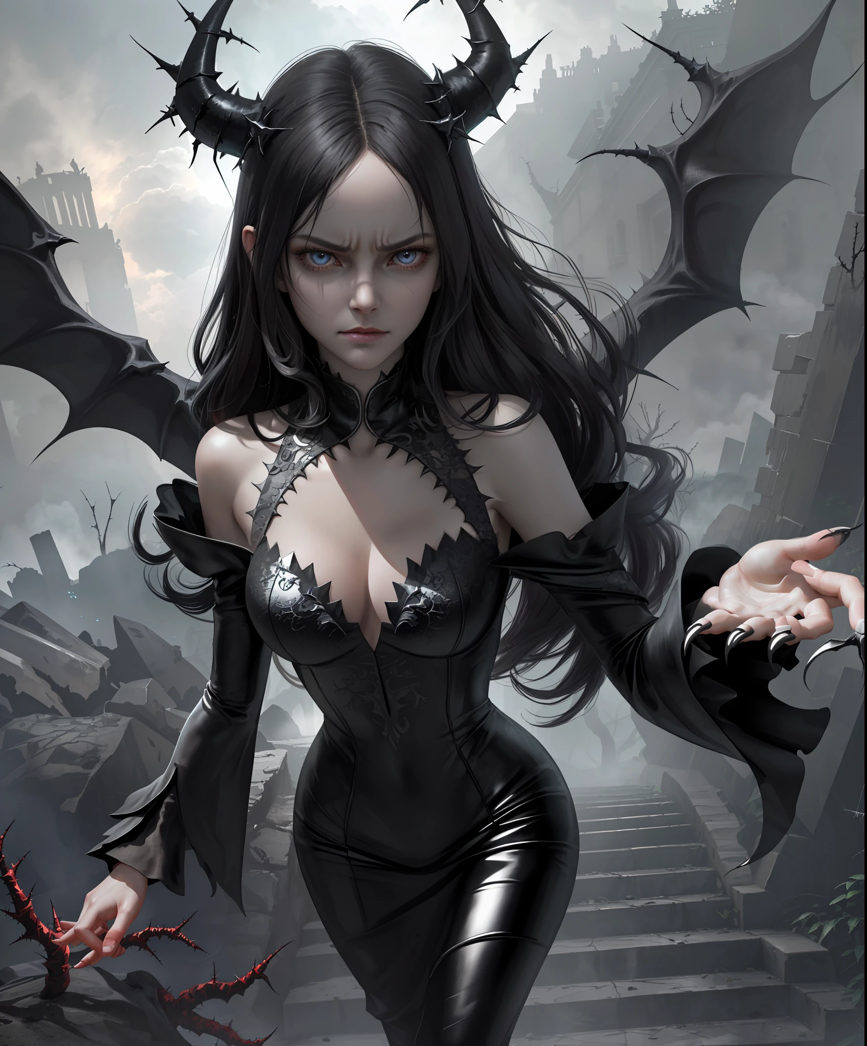 realism, detailed pupils, indirect lighting, evil slender demonic woman, breasts, lips, looking down on the viewer, ((claw advancing)), (tiny, full body, walking), ((photorealistic face)), acid rain, fixed eyes, (scratches and thorns) on her body, claws, torn clothes, surreal landscape destroyed from behind, black horns, dark shadows, Siberian Baroque architecture, Land of the Damned, dim lighting, grumpy light, dust clouds,