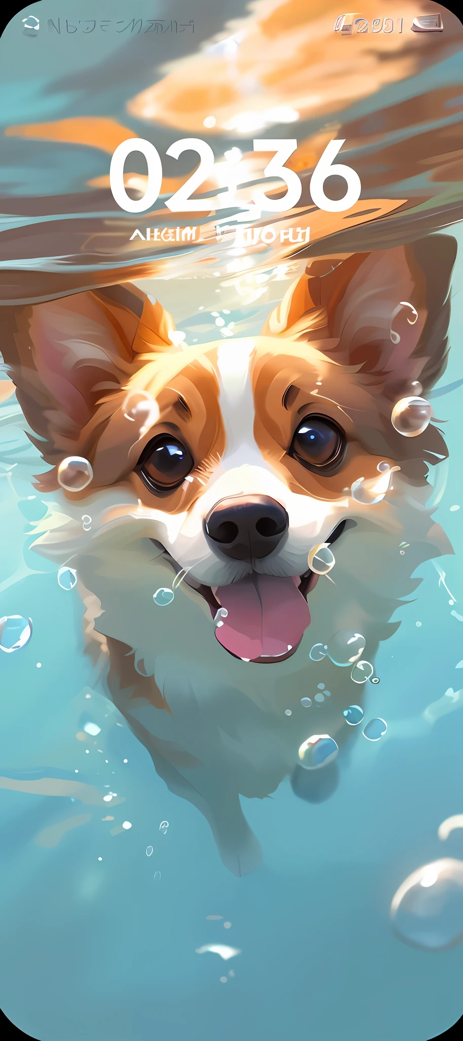There is a dog swimming in the water with bubbles, cute digital painting, cute corgi, cute dog painting, cute artwork, realistic art style, high quality portrait, Guvez style artwork, detailed digital painting, wojtek fus