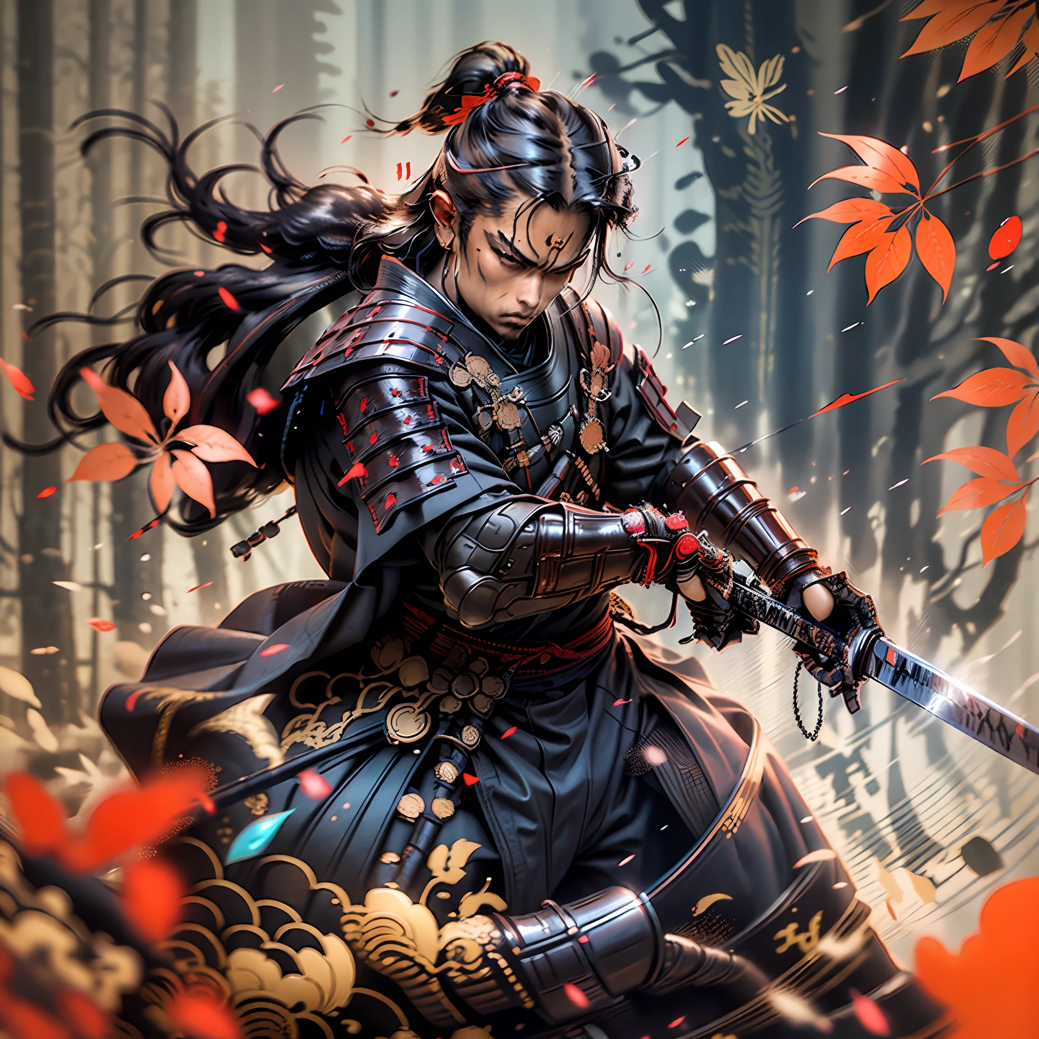 Samurai, Cinematic, masterpiece, samurai combat pose, soft contrast, cinematic lighting, cinematic shadow, Katana_weapon, Samurai costume, anime scener, Gorgeous scenery, man, solo, katana on the ground, long hair, man face, normal ears, wind with leaves, one katana,Fix all errors, legendary samurai.