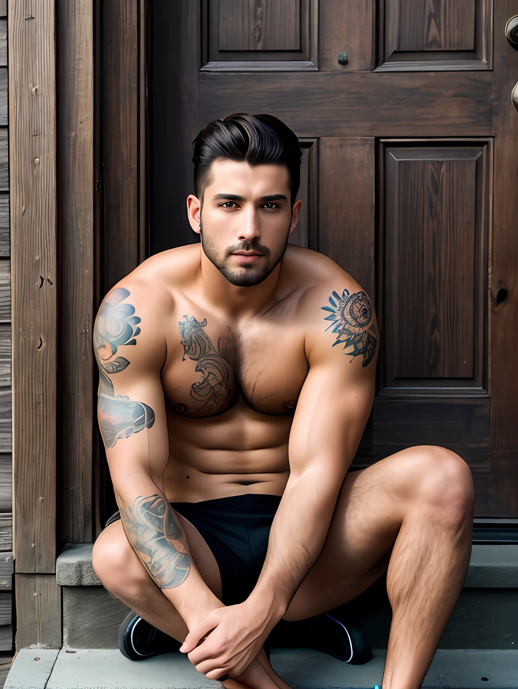 A photorealistic portrait of a insanely handsome young man, no shirts, very strong, short messy hair, chiseled and extremely tattooed sitting on a step next to a big fierce dog, a large door as the background, a colorized photo by Jesse Richards, instagram contest winner, maximalism, masculine, handsome, grotesque, photograph, detailed symmetric realistic face, extremely detailed natural texture, peach fuzz, long hair, masterpiece, absurdres, nikon d850 film stock photograph, kodak portra 400 camera f1.6 lens, extremely detailed, amazing, fine detail, hyper realistic lifelike texture, dramatic lighting, unrealengine, trending on artstation, cinestill 800 tungsten, looking at the viewer, photo realistic, RAW photo, TanvirTamim, high quality, highres, sharp focus, extremely detailed, cinematic lighting, 8k uhd,-imagine-