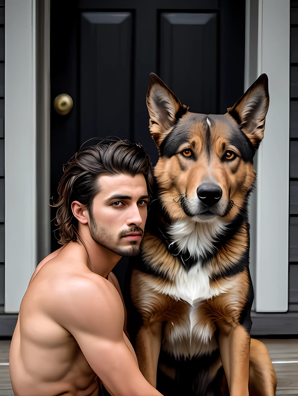 A photorealistic portrait of a insanely handsome young man, no shirts, very strong, short messy hair, chiseled and extremely tattooed sitting on a step next to a big fierce dog, a large door as the background, a colorized photo by Jesse Richards, instagram contest winner, maximalism, masculine, handsome, grotesque, photograph, detailed symmetric realistic face, extremely detailed natural texture, peach fuzz, long hair, masterpiece, absurdres, nikon d850 film stock photograph, kodak portra 400 camera f1.6 lens, extremely detailed, amazing, fine detail, hyper realistic lifelike texture, dramatic lighting, unrealengine, trending on artstation, cinestill 800 tungsten, looking at the viewer, photo realistic, RAW photo, TanvirTamim, high quality, highres, sharp focus, extremely detailed, cinematic lighting, 8k uhd,-imagine-