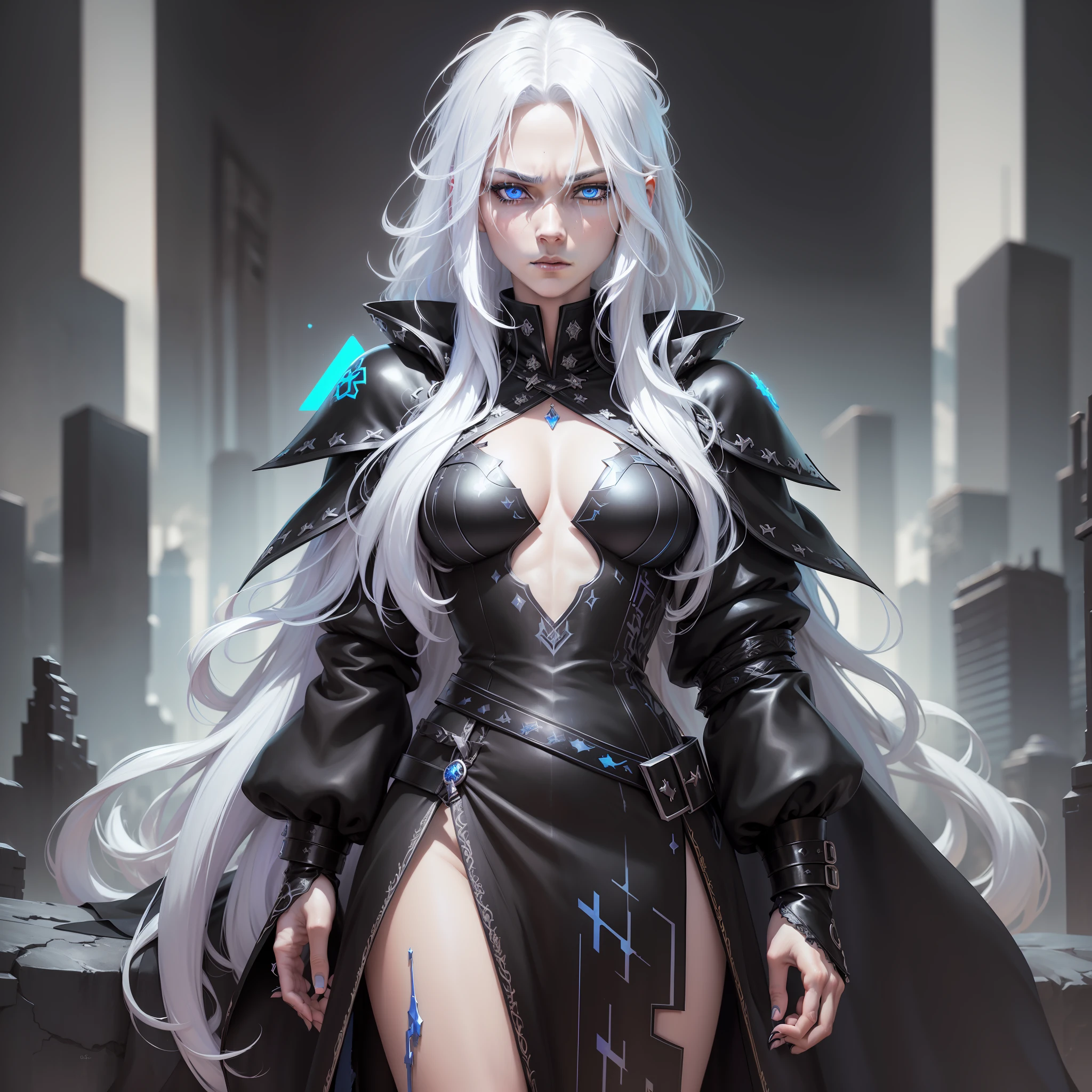 Cyberpunk woman, fantasy world, dark background, clean design, epic instagram, artstation, colorful ink splashes, silhouette, hyper detailed intricate details, unreal engine, fantasy, intricate details, home screen, complementary colors, fantasy concept art, 8k resolution, deviantart masterpiece, oil painting, heavy strokes, ink drips, (isolated on white background: 1.3), rainbow skin, (((cute young man))),  ((: 1.5) ), (blue eyes ), (((clear eyes)), ((((long white hair: 1.1)))), (((black clothes)), (prince\\(indifferent expression\\),(((Wears luxurious black tunic with high details)))), white hair, ice magic, ((chest) --v 6