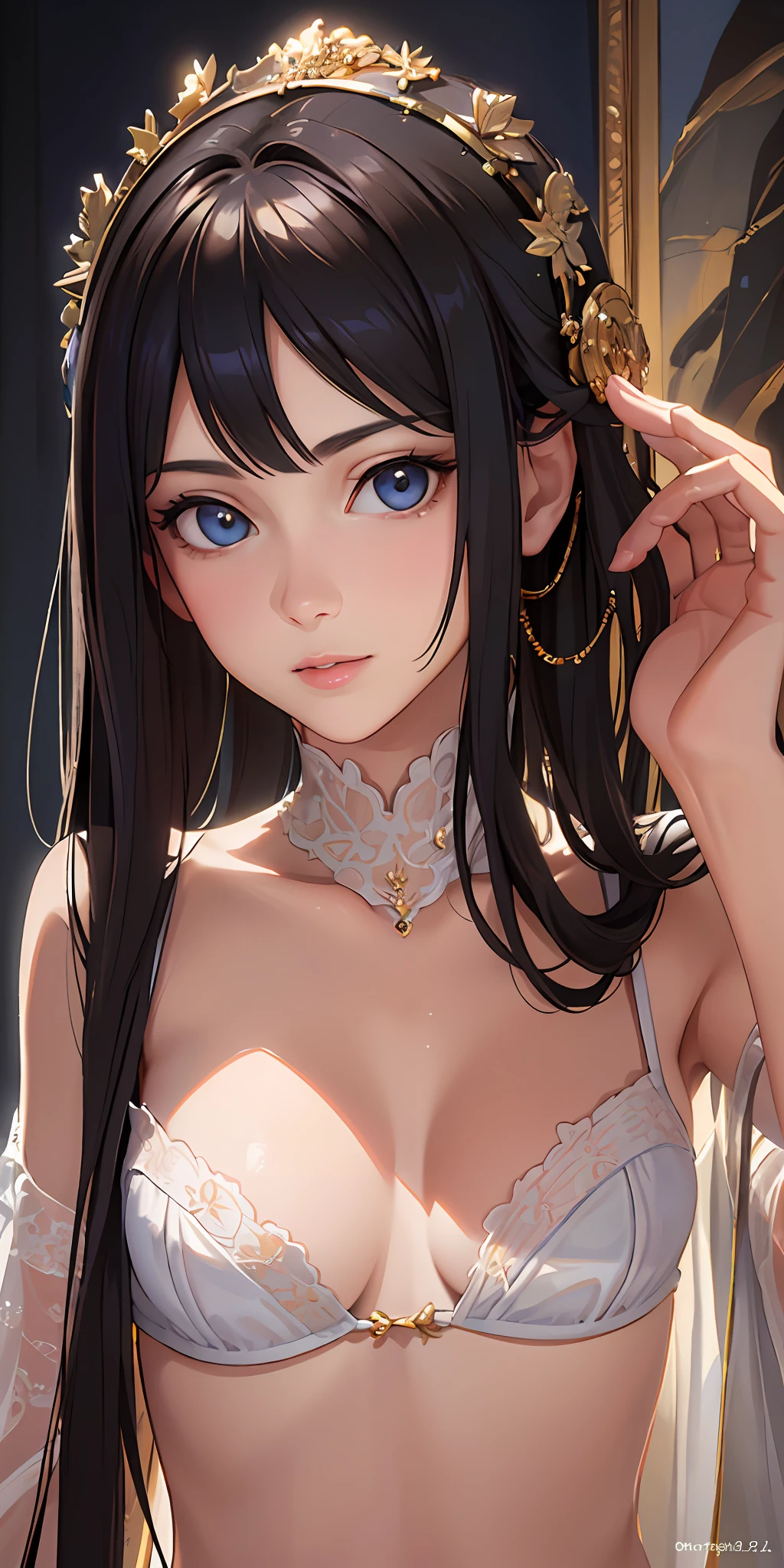 (Photorealistic:1.4), (Masterpiece, Sidelight, Exquisite Beautiful Eyes: 1.2), Masterpiece*Portrait, Realistic, 3D Face, Glistening Eyes, Glossy Hair, Glossy Skin, Solo, Embarrassing, (Abdomen),