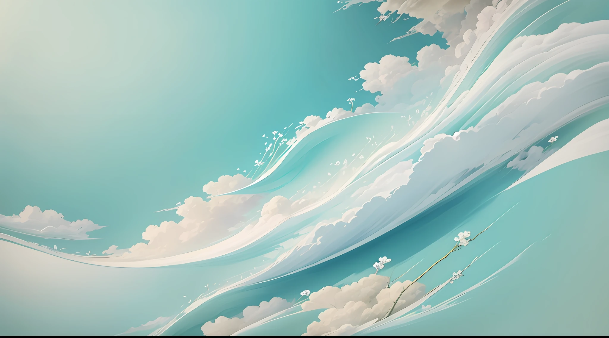 There is a girl in the lower right corner, white flowers, a large sky, Japanese painting style, horizontal long picture, --auto --s2