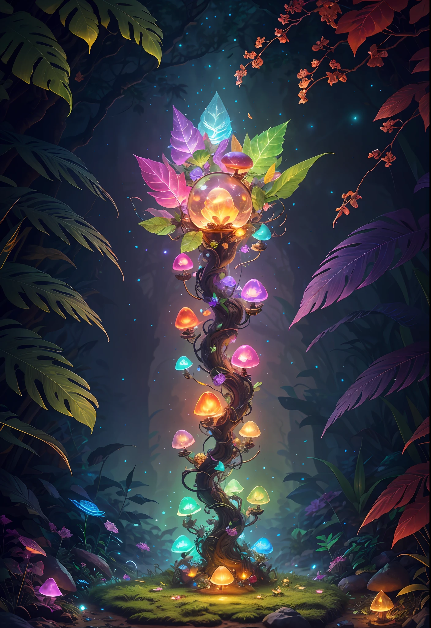 Fantasy in crystals, "ethereal roses, cute slime animals, glowing little mushrooms surrounded by delicate leaves and branches, and fireflies and glowing particle effects", (natural elements), (jungle theme), (leaves), (branches), (fireflies), butterflies, (delicate leaves), (glow), (particle effects), super realistic, super detailed, dramatic lightning, 4k, masterpiece,