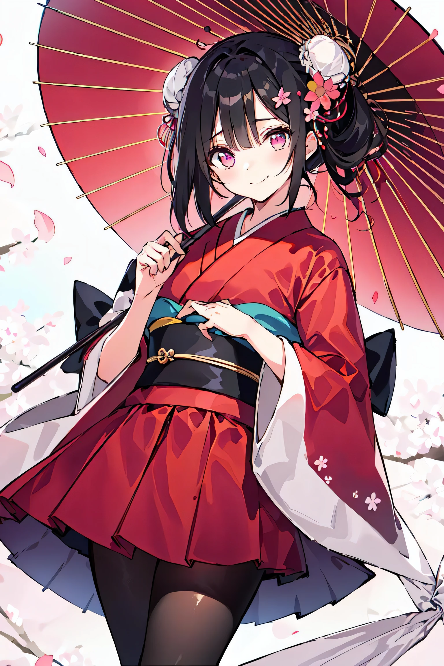 1girl, solo, smile, umbrella, holding, oil-paper umbrella, japanese clothes, hair ornament, white pantyhose, black hair, pantyhose, looking at viewer, kimono, flower, holding umbrella, cherry blossoms, sash, bangs, obi, outdoors, double bun, hair bun, standing, hair flower, pink skirt, pink eyes, blush, wide sleeves, closed mouth, standing on one leg, medium hair