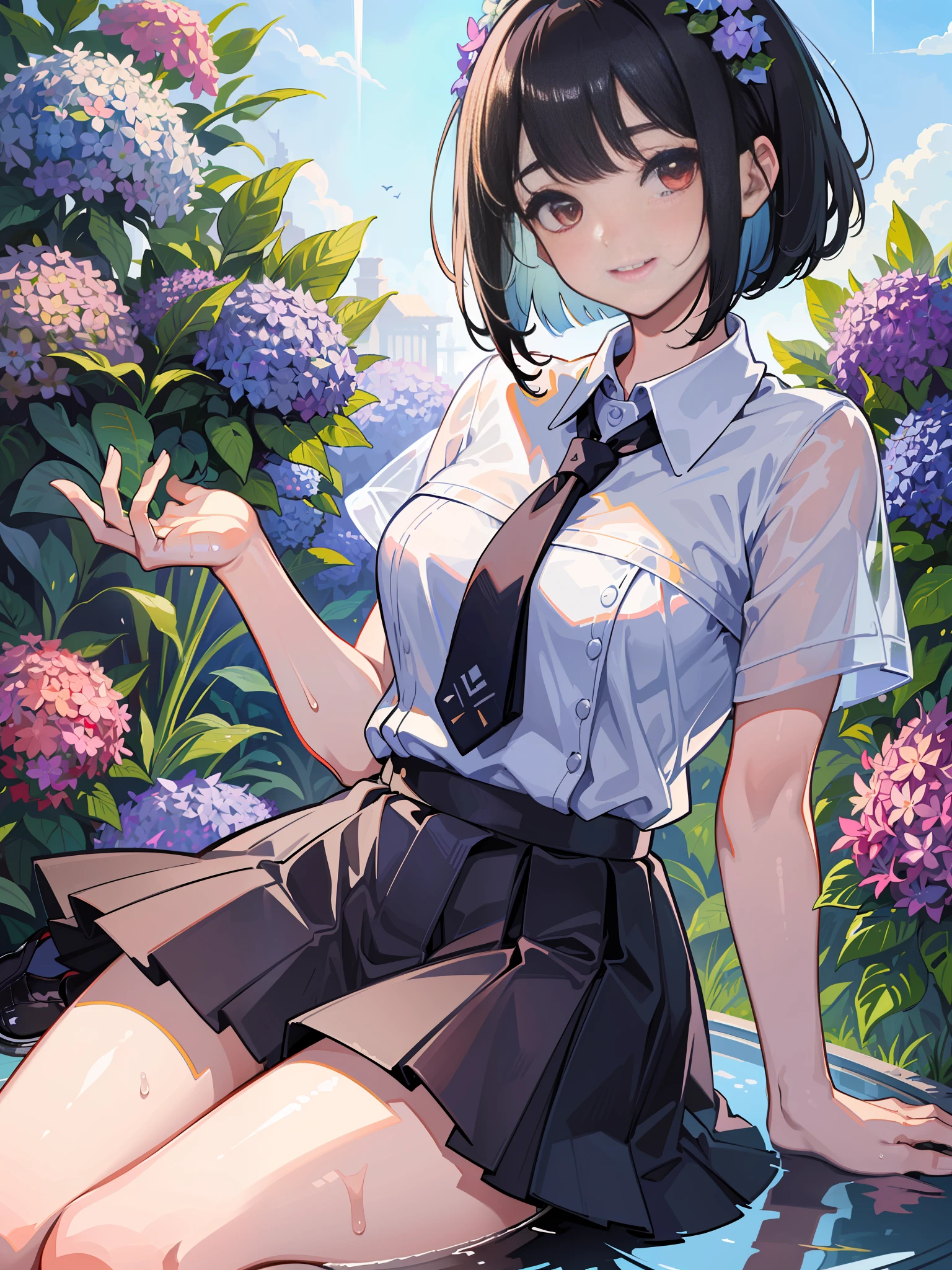 ((masterpiece, super detailed, fine detail, highest quality, illustration)), blue sky, 20 year old woman, beautiful woman, beautiful wet black hair, bob cut, beautiful red eyes, close up, wet white shirt, tie, check miniskirt, black socks, black shoes, lots of hydrangea, rainbow visible, whole body, smile,