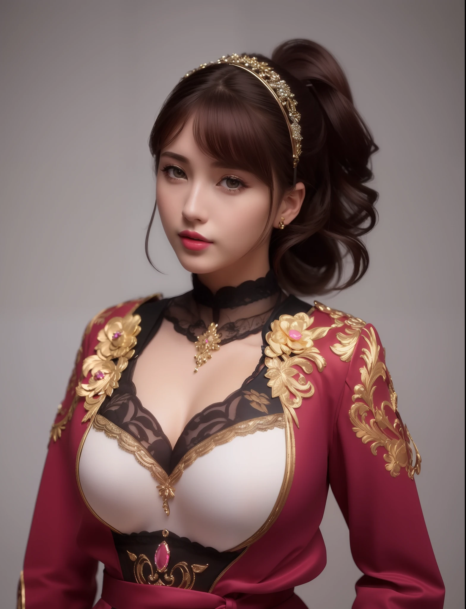 (masterpiece, best quality, extremely detailed 8k, ultra hd, ultra-detailed, highly detailed, highly realistic, ultra-realistic, photo realistic), (1girl:1.5), (detailed realistic skin), (realistic big breasts), (pink lipstick)