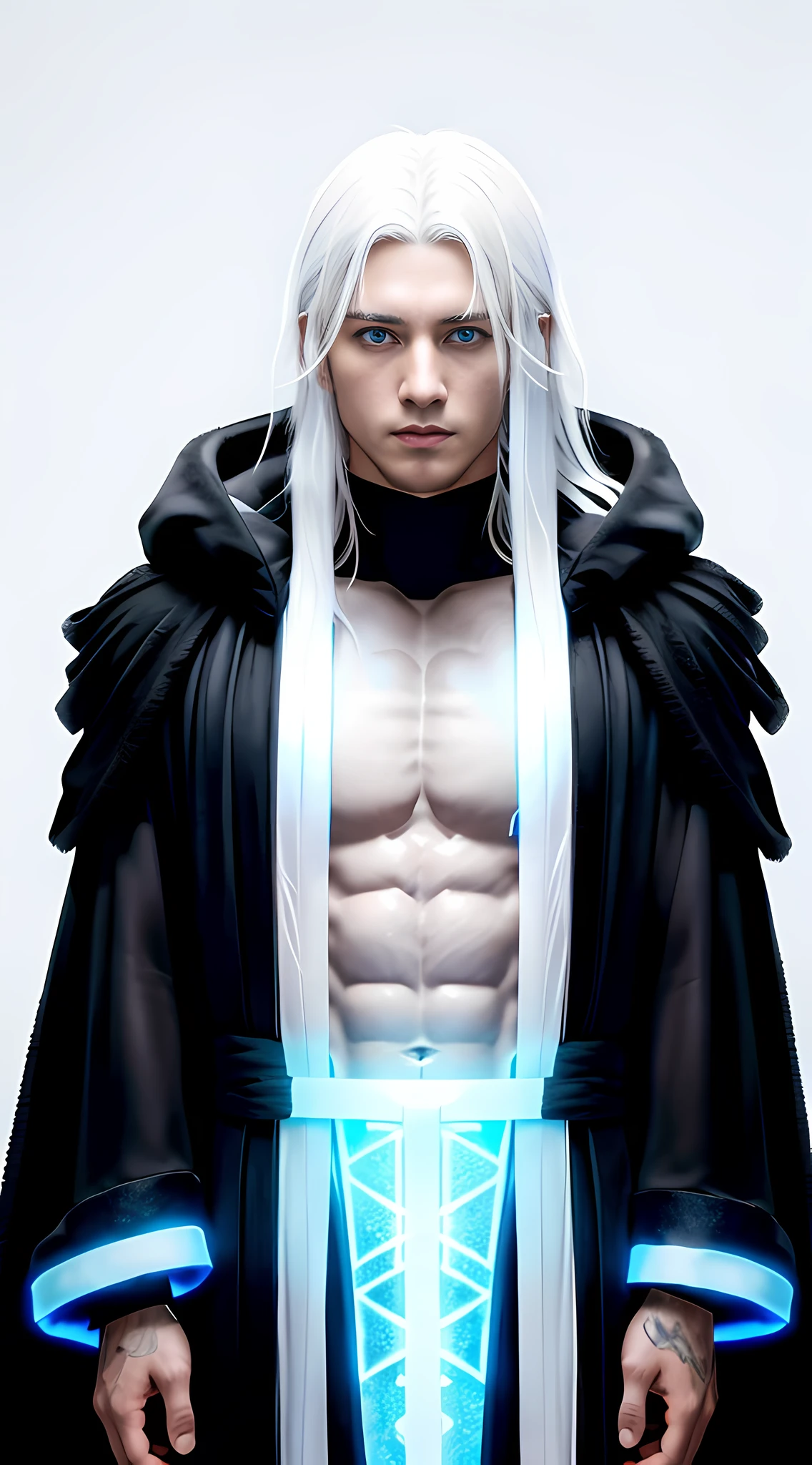 cyberpunk girl, fantasy world, dark background, clean design, epic Instagram, artstation, colorful paint splash, silhouette, ultra-detailed intricate details, Unreal engine, fantasy, complex details, splash screen, complementary colors, fantasy concept art, 8k resolution, deviantart masterpiece, oil painting, heavy stroke, paint dripping, (isolated on white background: 1.3), rainbow skin, (((handsome young man))), (( teenage:1.5)), (glowing blue eyes), ((eyes with light)), (((long white hair: 1.1))), ((black)), (princess \\ (indifferent expression\\), (((wearing high-detail multi-layered luxury black robe))), white hair, (abs) (large pectoral muscles) (appropriate posture)