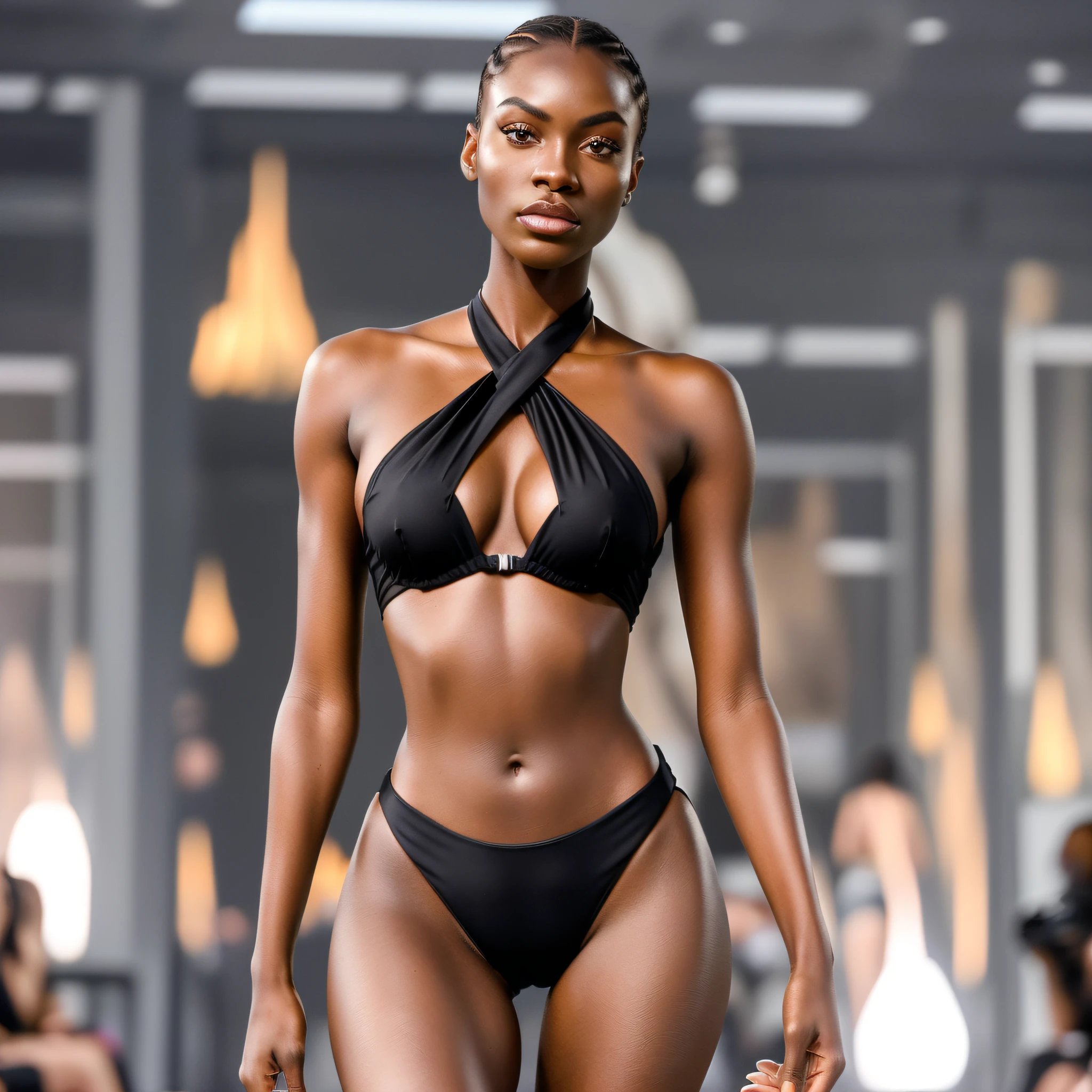 Create the ultra realistic midjourn v.5 type image of a model (black African features with perfect symmetrical full-body eyes parading) towards the camera confidently on the runway, (((wearing swimwear))) ((tiny detailed neckline fitted ultra modern symmetrical design perfect fit)) (detailed polyamide meryl fabric, apply high fashion photographic style to capture the essence of a glamorous fashion show by 80mm front lens, ((no duplicate person)), (no clone), no bad eye acimetria, no deformed face.