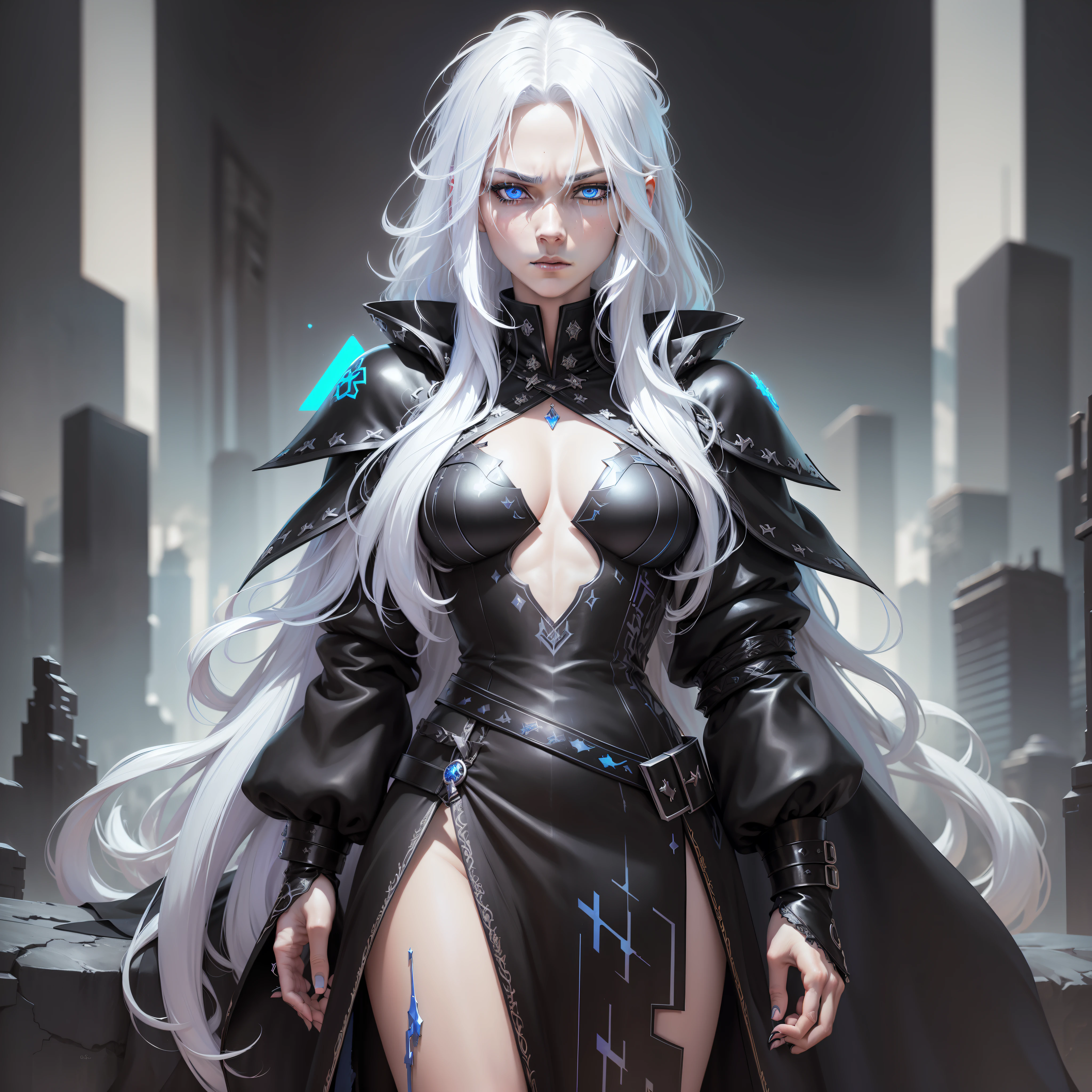 Cyberpunk woman, fantasy world, dark background, clean design, epic instagram, artstation, colorful ink splashes, silhouette, hyper detailed intricate details, unreal engine, fantasy, intricate details, home screen, complementary colors, fantasy concept art, 8k resolution, deviantart masterpiece, oil painting, heavy strokes, ink drips, (isolated on white background: 1.3), rainbow skin, (((cute young man))), ((: 1.5) ), (blue eyes ), (((clear eyes)), ((((long white hair: 1.1)))), (((black clothes)), (prince\\(indifferent expression\\),(((Wears luxurious black tunic with high details)))), white hair, ice magic, ((chest) --v 6