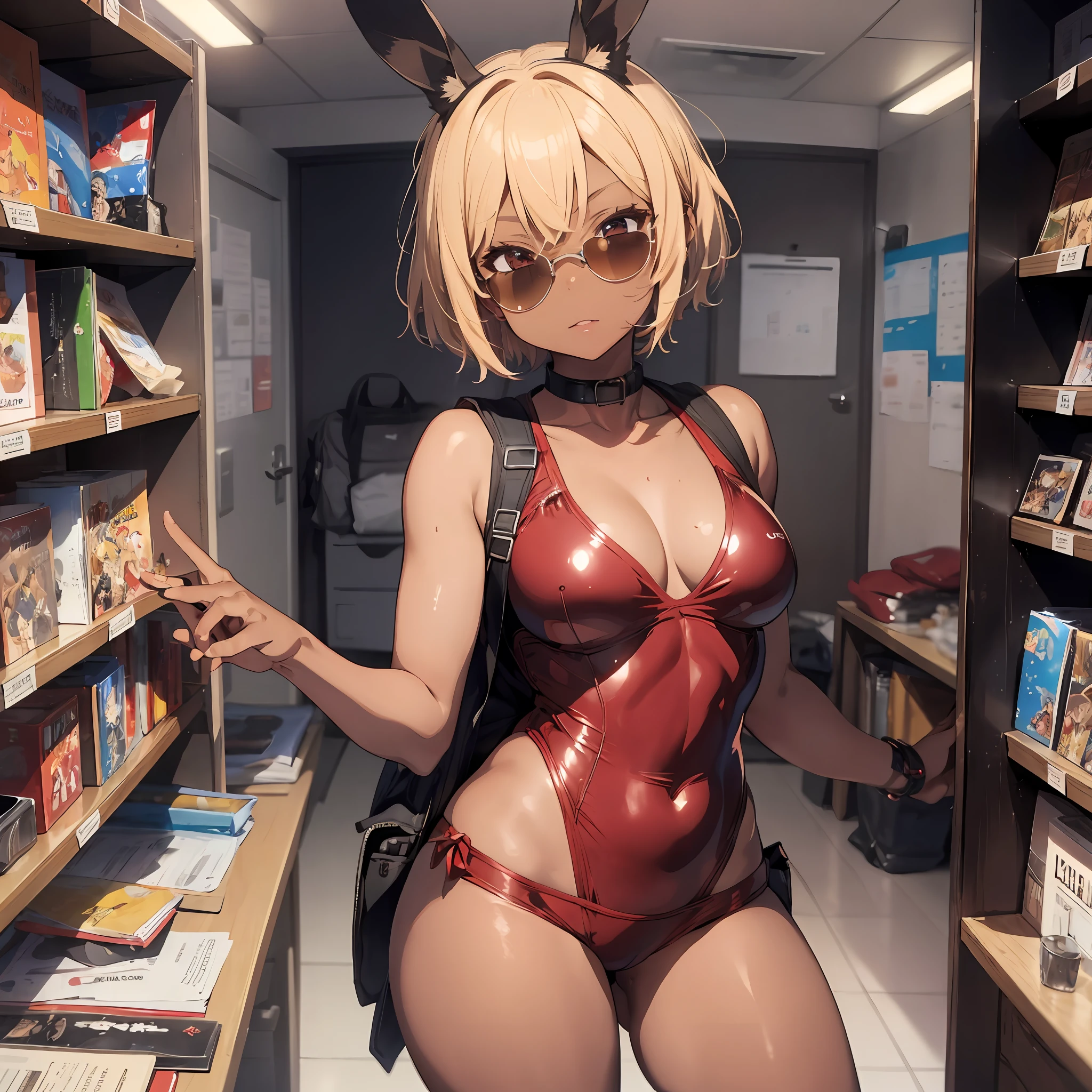 sunglasses, red swimsuit, touch sunglasses, short cut blonde hair, thick eyebrows, huge backpack, command room, (dark skin: 1.3), brown skin, movie lighting, small, rabbit ears, (masterpiece), ((best quality)), (super detailed), glossy skin, full body anime girl, clean and detailed anime face, high resolution anime eyes, five fingers, textile shading, perfect human structure, perfect anatomy,