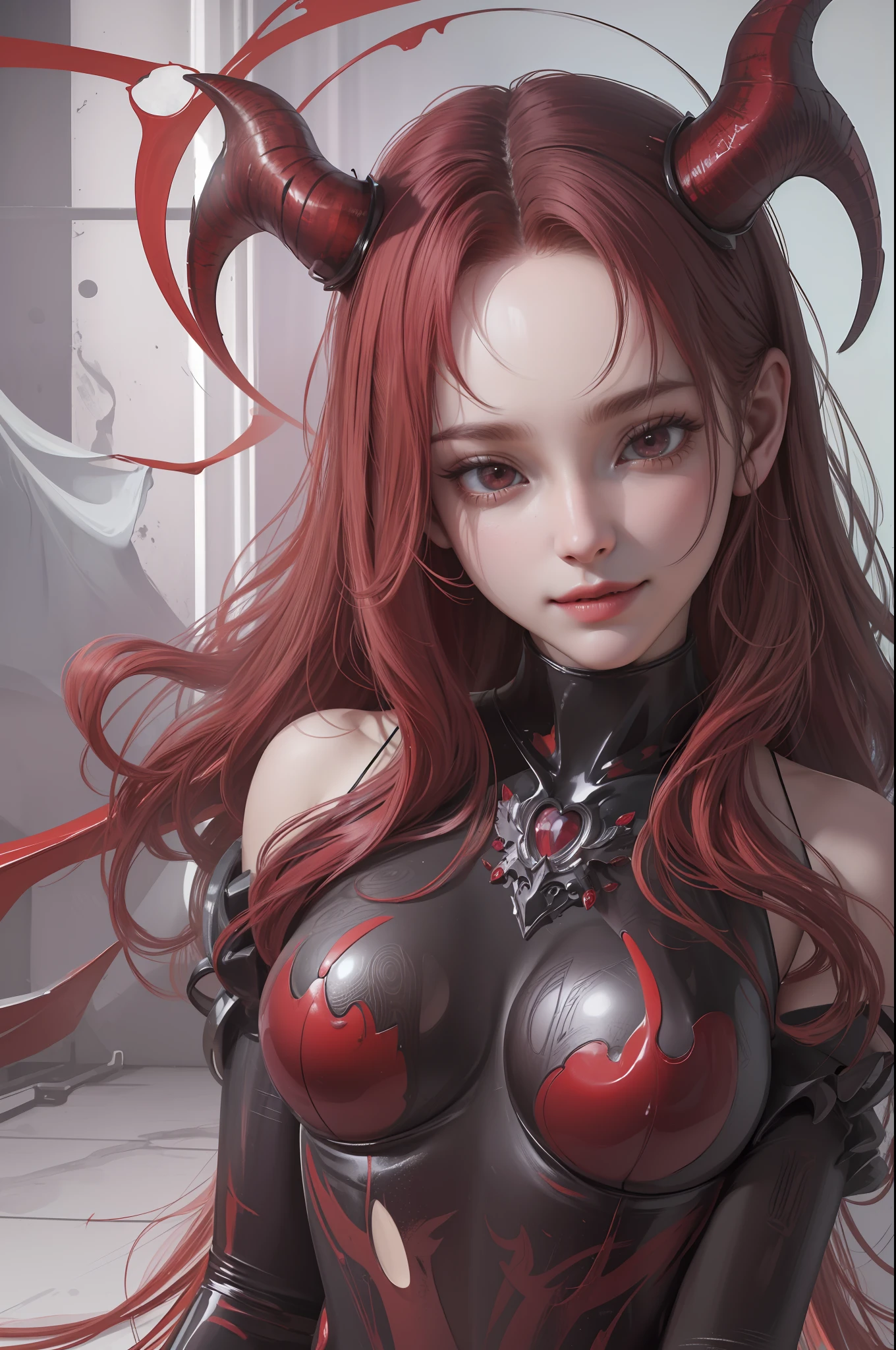 ((extreme detail)), (ultra-detailed), (painting), chiaroscuro, extremely detailed CG 8k wallpaper unit, best quality, red bodysuit, red halo, horns, devil, succubus, evil smile