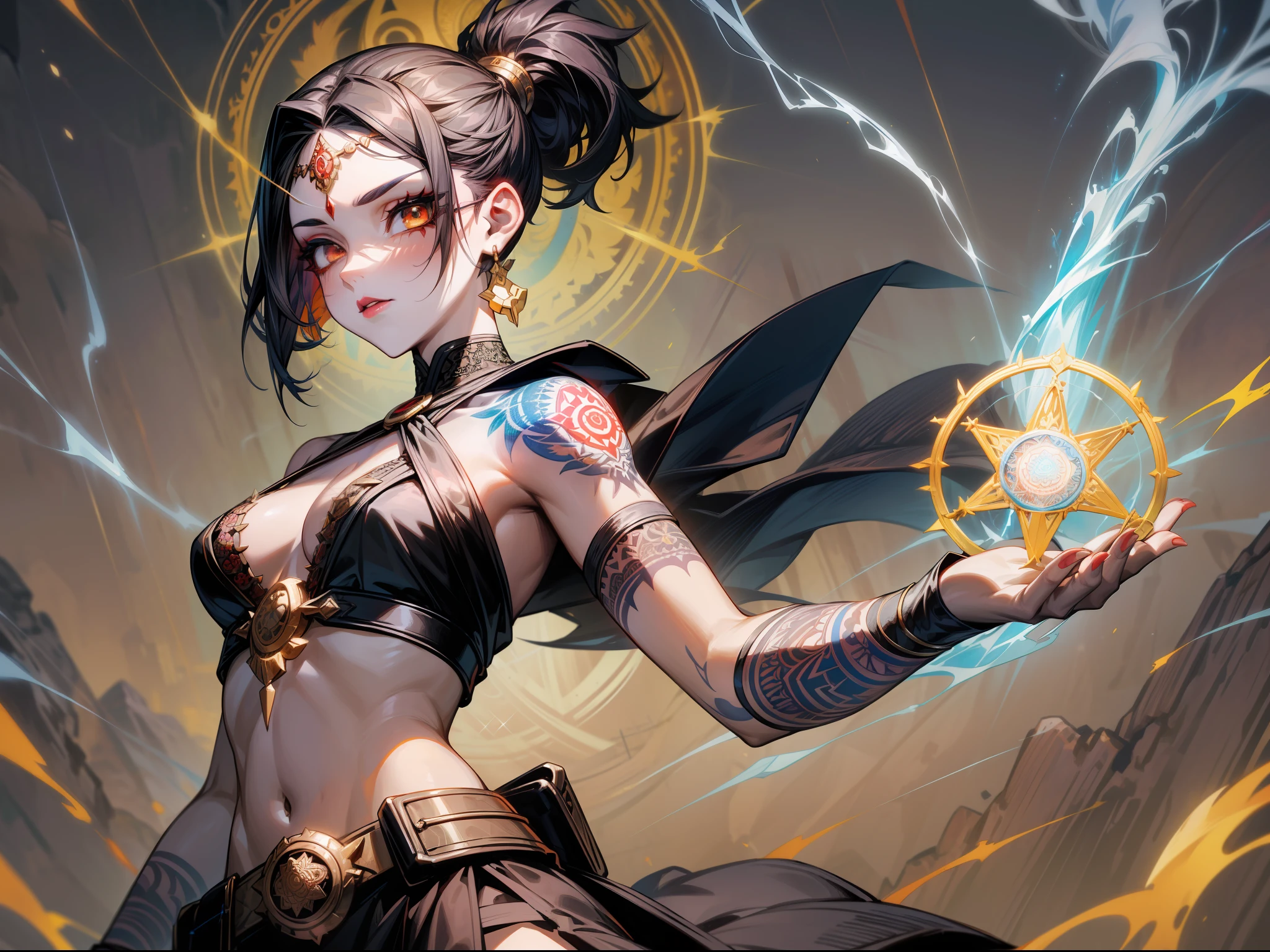 portrait of a primal sorceress(mature:1.4), (undercut:1.3, short black ponytail), [masculine:feminine:0.6], bright eyes, white eyes, [confident|bored], red eyeshadow, lipstick, flat chest, blue criss-cross halter, (mandala henna arm tattoo:1.1), gold circlet, long red layered skirt, belt pouch, casting spell, crackling electricity, lightning, storming background