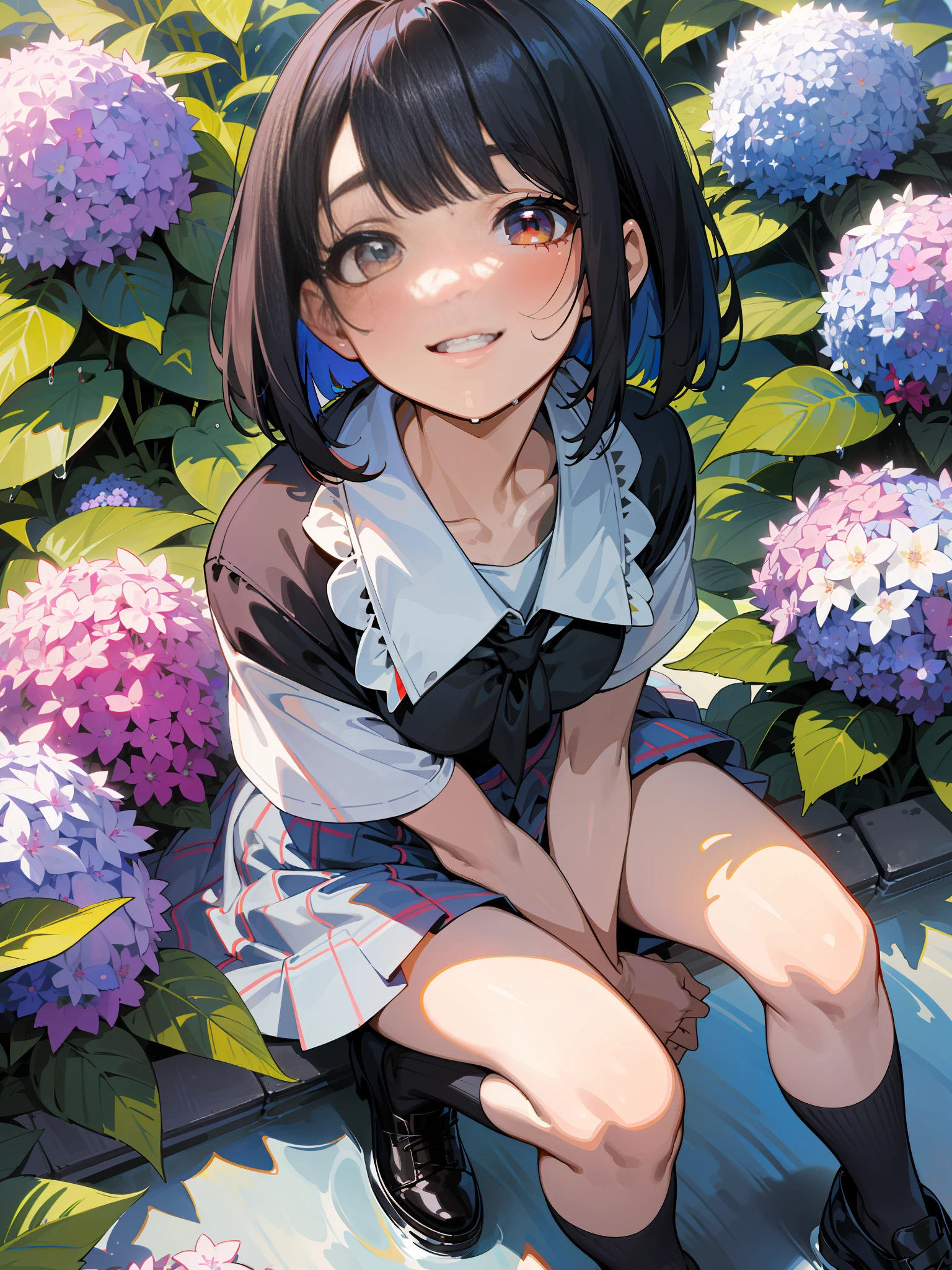 ((masterpiece, super detailed, fine detail, top quality, illustration)), blue sky, 20-year-old woman, beautiful woman, beautiful wet black hair, bob cut, beautiful red eyes, close-up, wet white shirt, tie, checked mini skirt, black socks, black shoes, a lot of hydrangea, rainbow visible, whole body, smile, looking up at the sky,