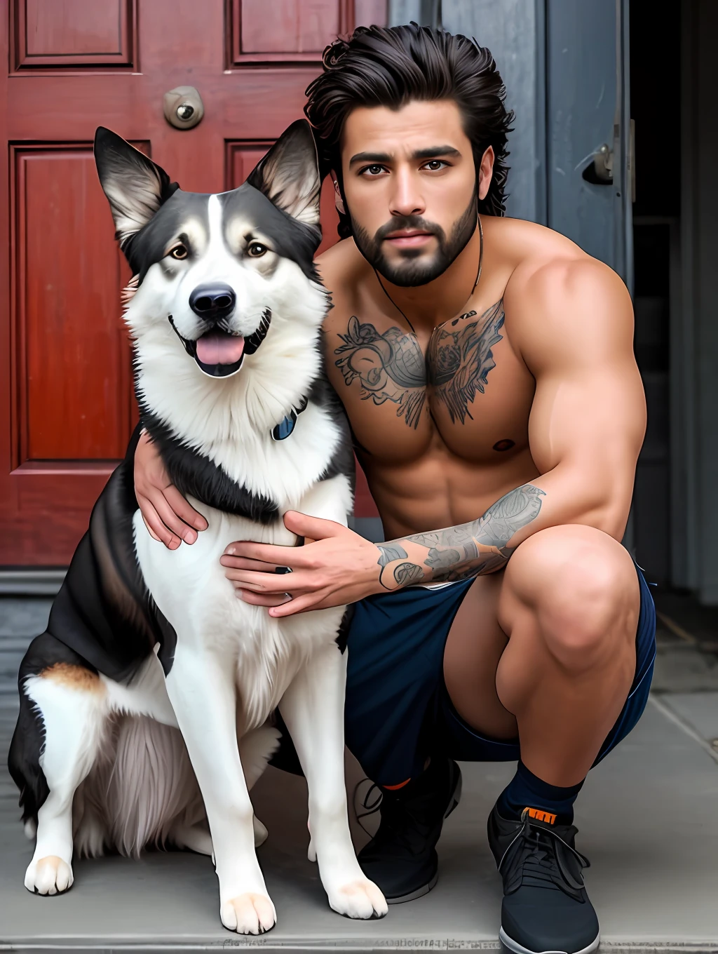 A photorealistic portrait of an insanely handsome attractive man, no shirts, very strong, short messy hair, chiseled and extremely tattooed sitting on a step next to a big fierce dog, a large colored door as the background, a colorized photo by Jesse Richards, instagram contest winner, maximalism, masculine, handsome, grotesque, photograph, detailed symmetric realistic face, extremely detailed natural texture, peach fuzz, long hair, masterpiece, absurdres, nikon d850 film stock photograph, kodak portra 400 camera f1.6 lens, extremely detailed, amazing, fine detail, hyper realistic lifelike texture, dramatic lighting, unrealengine, trending on artstation, cinestill 800 tungsten, looking at the viewer, photo realistic, RAW photo, TanvirTamim, high quality, highres, sharp focus, extremely detailed, cinematic lighting, 8k uhd,-imagine-