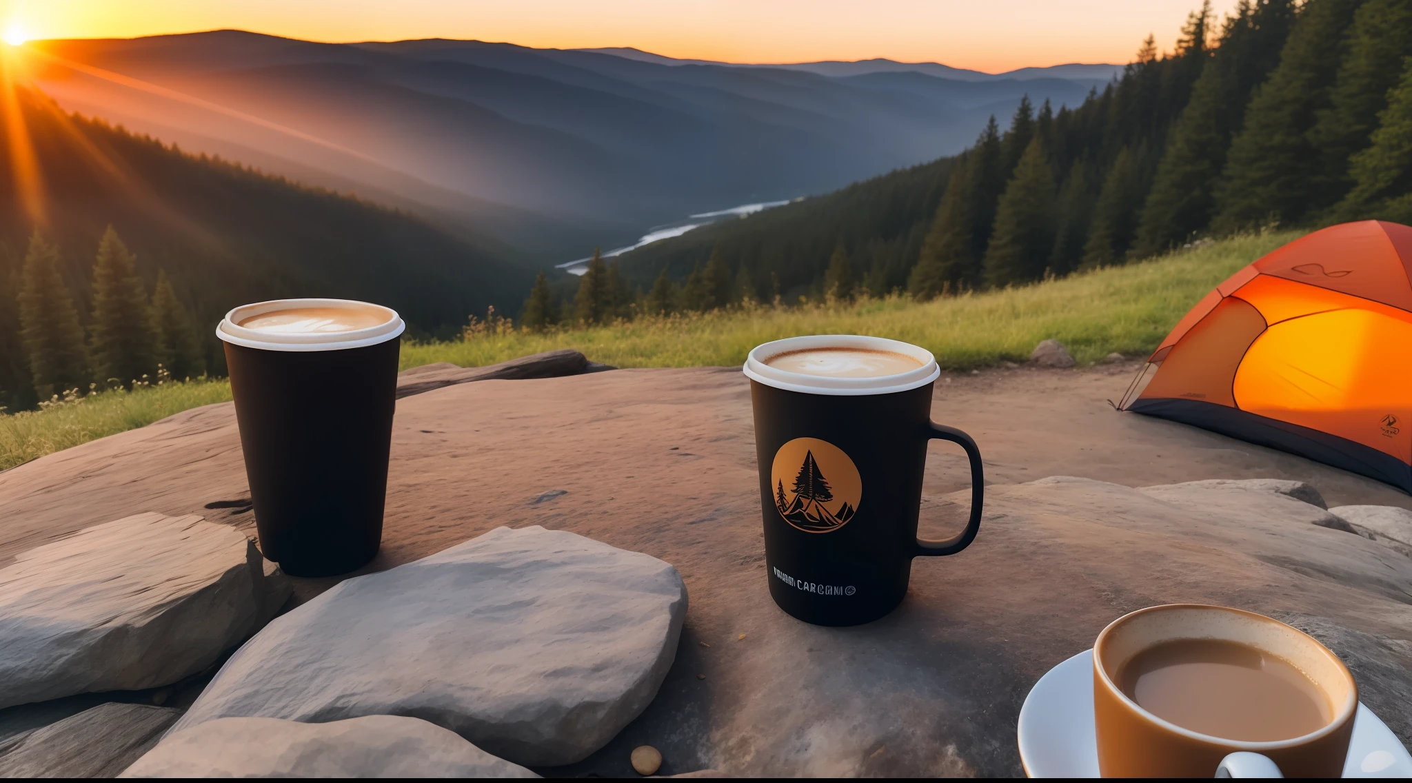 Picnic halfway up the mountain, coffee, hand-brewed coffee, Americano, instant coffee, tent, outdoor, sunset, distant mountain background, high mountains, far overlook, open view, nature, mug, thermos cup, forest, rock, river, wood, smoke, shadow, contrast, glow, simulation style (film grain: 1.3), warm tones, (warm tones: 1.8), close up, cinematic light, side light, super high resolution, best shadow, raw, masterpiece, best quality, super detailed,