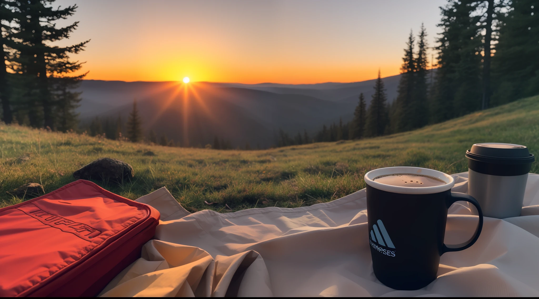 Picnic halfway up the mountain, coffee, hand-brewed coffee, Americano, instant coffee, tent, outdoor, sunset, distant mountain background, high mountains, far overlook, open view, nature, mug, thermos cup, forest, rock, river, wood, smoke, shadow, contrast, glow, simulation style (film grain: 1.3), warm tones, (warm tones: 1.8), close up, cinematic light, side light, super high resolution, best shadow, raw, masterpiece, best quality, super detailed,