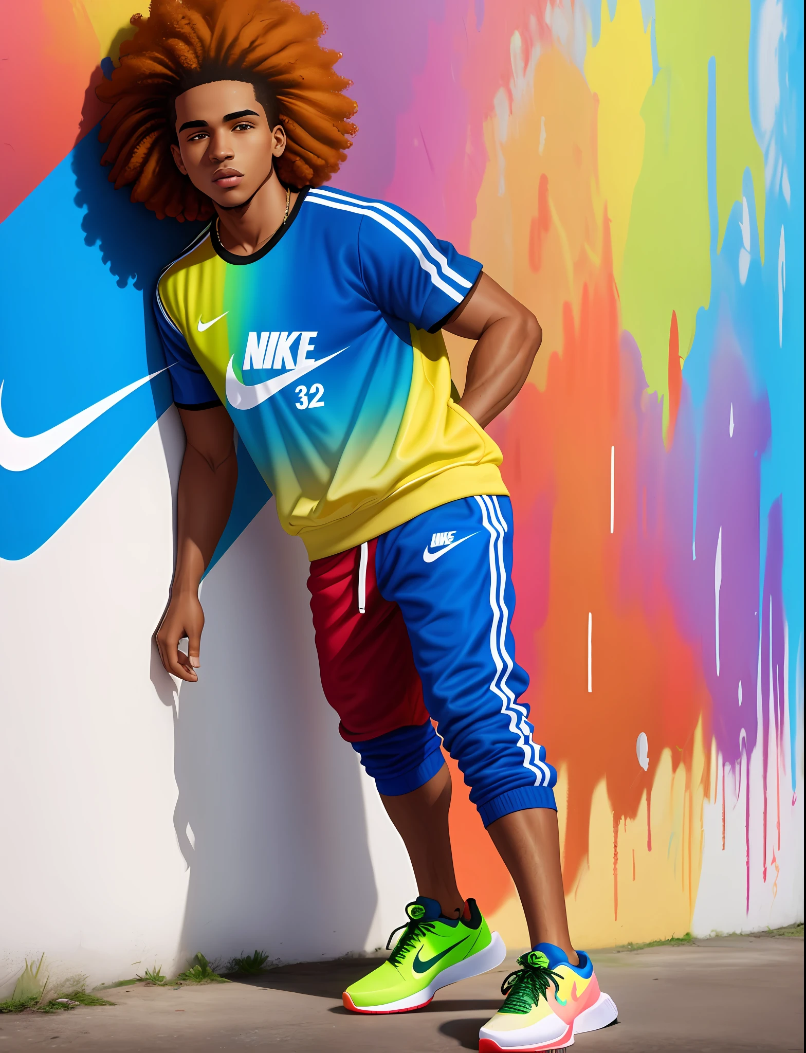 Graffiti painting, street art, 32k wallpaper ((extremely detailed)) CG unit, 32k landscape, artwork, masterpiece, best quality, amazing light brushstrokes, of a 25year old athletic Afro Brazilian boy with curly hair, ((Nike Sneakers)) in graffiti style on a white wall with vibrant colors.