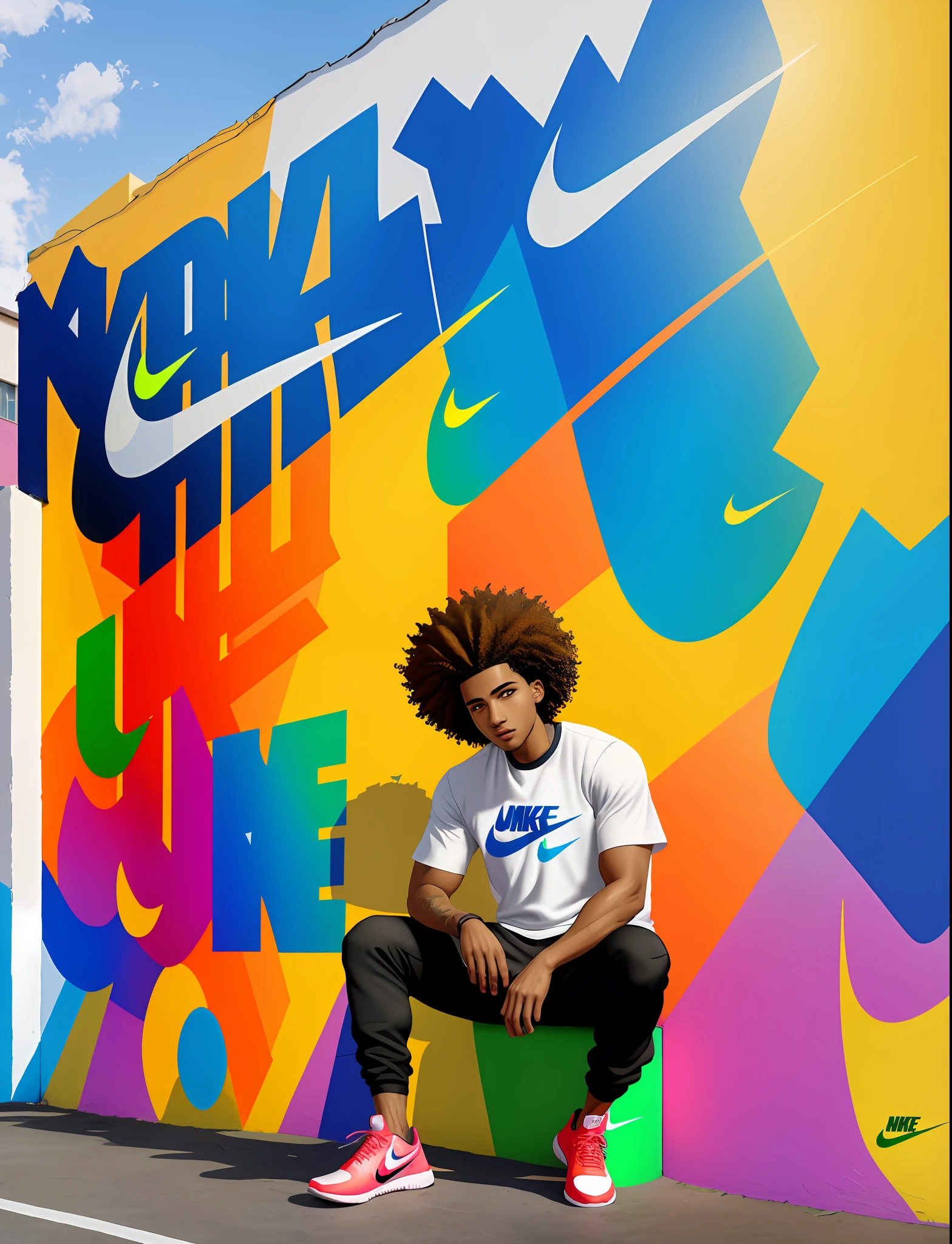 Graffiti painting, street art, 32k wallpaper ((extremely detailed)) CG unit, 32k landscape, artwork, masterpiece, best quality, amazing light brushstrokes, of a 25year old athletic Afro Brazilian boy with curly hair, ((Nike Sneakers)) in graffiti style on a white wall with vibrant colors.