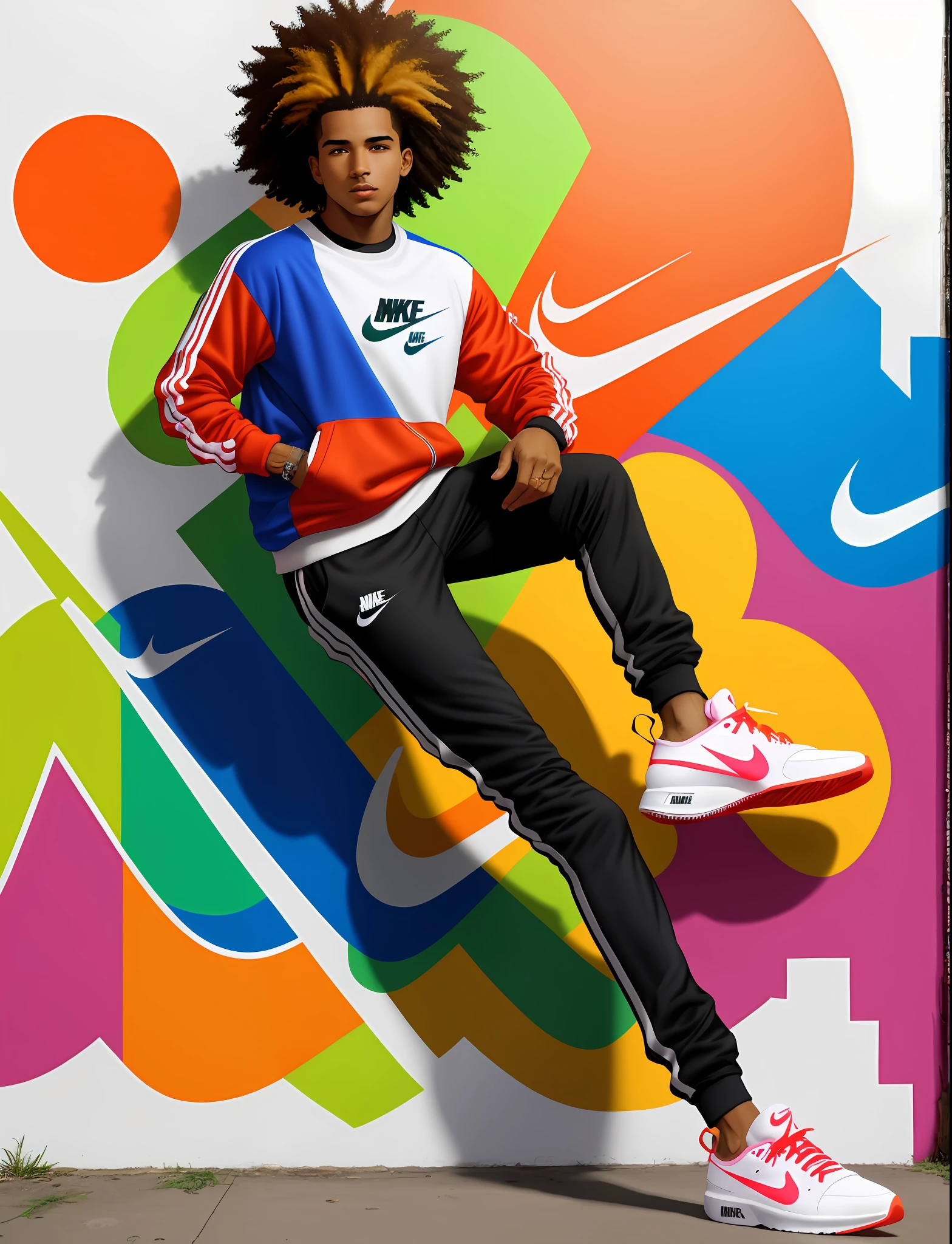 Graffiti painting, street art, 32k wallpaper ((extremely detailed)) CG unit, 32k landscape, artwork, masterpiece, best quality, amazing light brushstrokes, of a 25year old athletic Afro Brazilian boy with curly hair, ((Nike Sneakers)) in graffiti style on a white wall with vibrant colors.