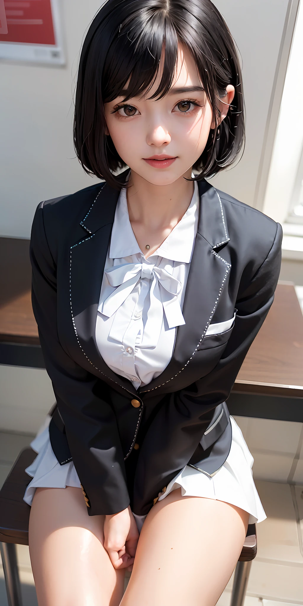 ((8k, RAW photos, top quality, masterpieces), high-definition RAW color photos professional close-up photos, (realistic, photorealism: 1.37), (highest quality), (best shadows), (best illustrations), collarbones ((big)), ((erotic, sexy, ultra high resolution, high-definition CG unified 8K wallpapers, physically based rendering, movie lighting), (aegyo sal:1), 18 year old girl, (grey blazer, ribbon, socks, high school uniform: 1.2), high school classroom, beautiful detail eyes, light on the face, ((full body shot: 1.2)), especially strong light, (upper eyes, grinning smile:1.2),shiny skin, (((black hair, bob hair:1.2))), ( thick thighs), ulzzang-6500-v1.1:0.2, shy, (flash:1.2), NSFW , (puffy), ((seductive posture: 1.2, attractive: 1.2)), (idle), (sitting at a desk in classroom: 1.2)), ((good anatomy: 1.2)), ((bright and refreshing classroom, background blurred: 1.2)), perfect face, cute face, (high angle shot:1.2)
