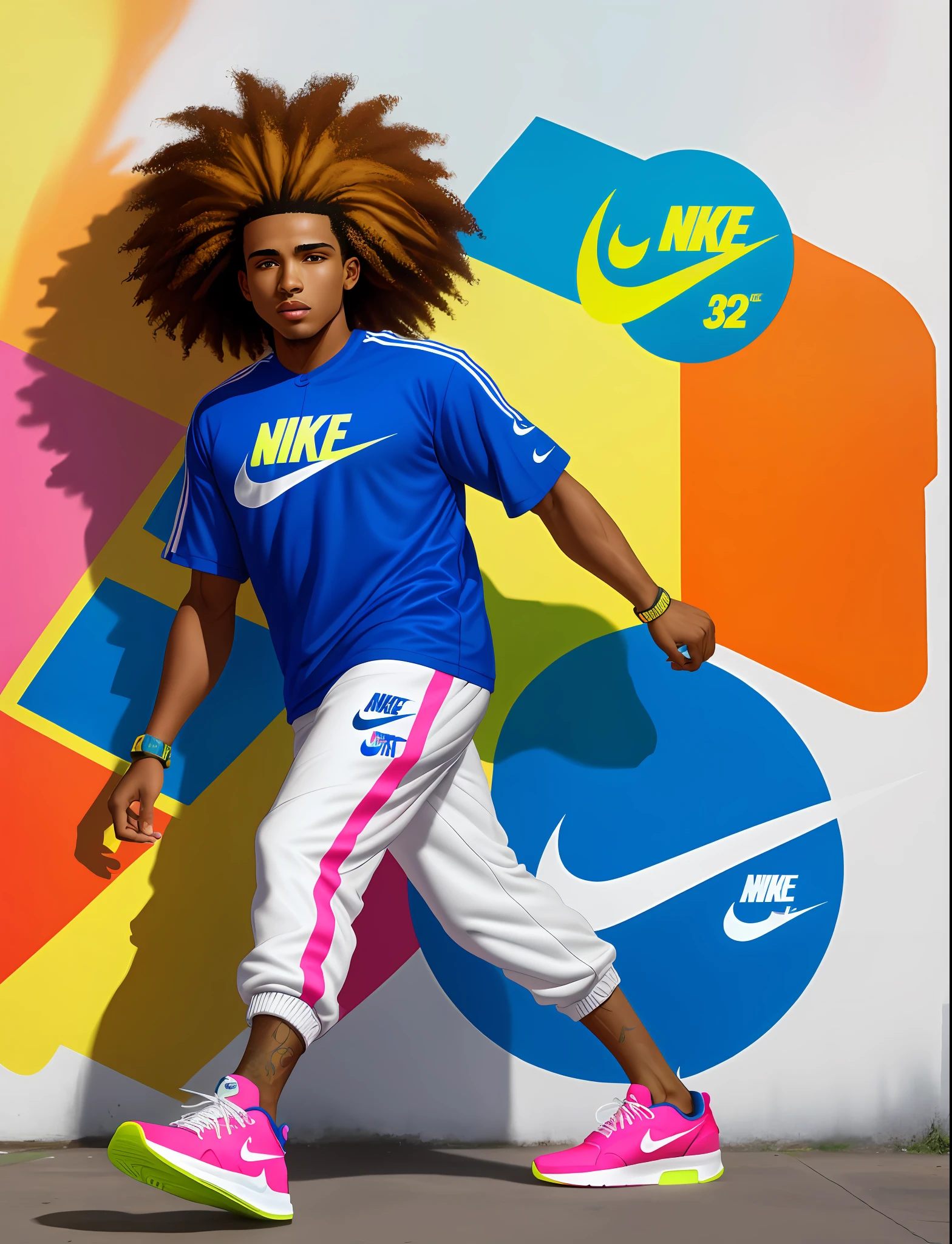 Graffiti painting, street art, 32k wallpaper ((extremely detailed)) CG unit, 32k landscape, artwork, masterpiece, best quality, amazing light brushstrokes, of a 25year old athletic Afro Brazilian boy with curly hair, ((Nike Sneakers)) in graffiti style on a white wall with vibrant colors.