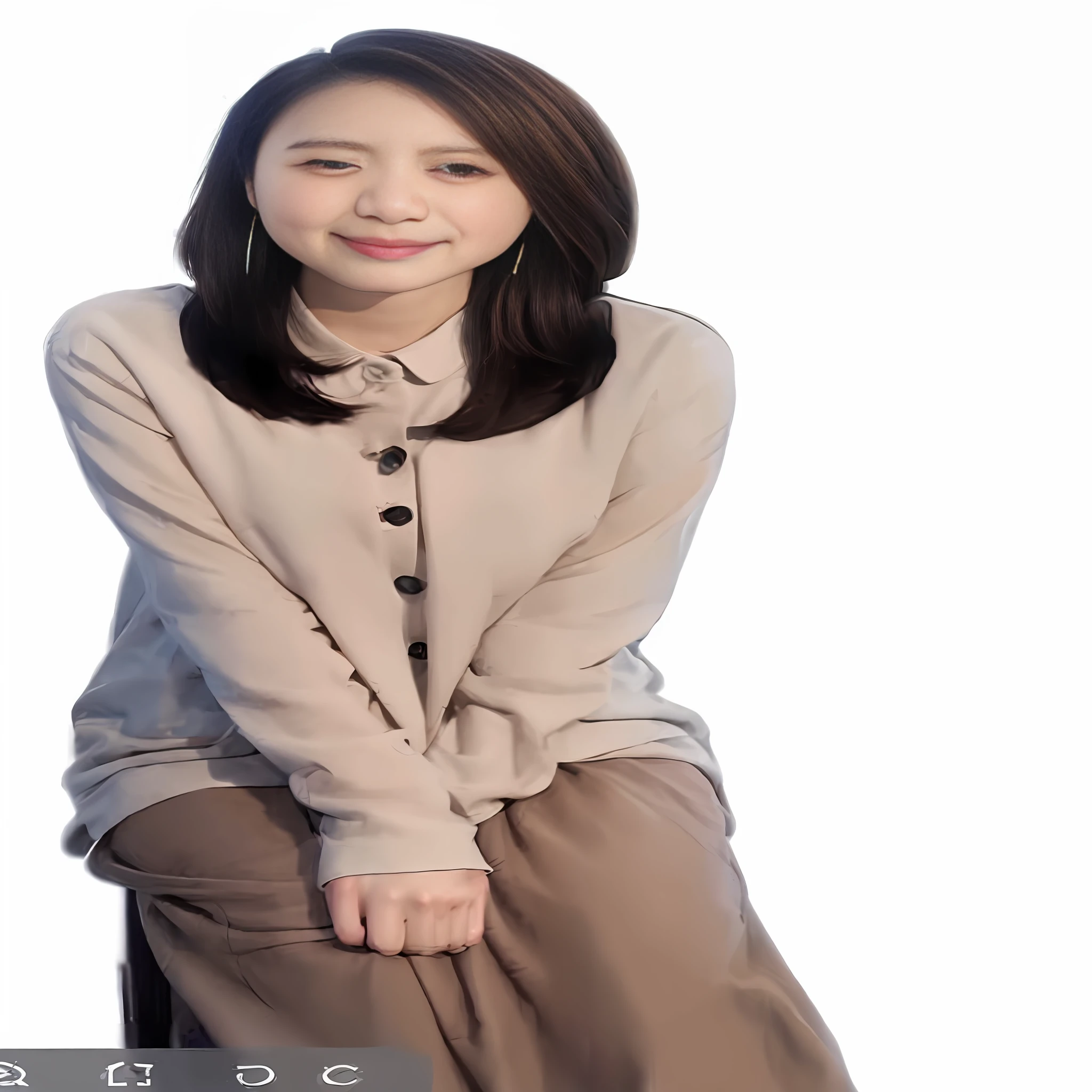 arafed woman sitting on a stool with a smile on her face, female actress from korea, korean women's fashion model, cream colored blouse, elegant slim beige shirt, cute korean actress, korean woman, bae suzy, kwak ji young, lee ji-eun, lee ji - eun, with round face, yun ling, song hye - kyo