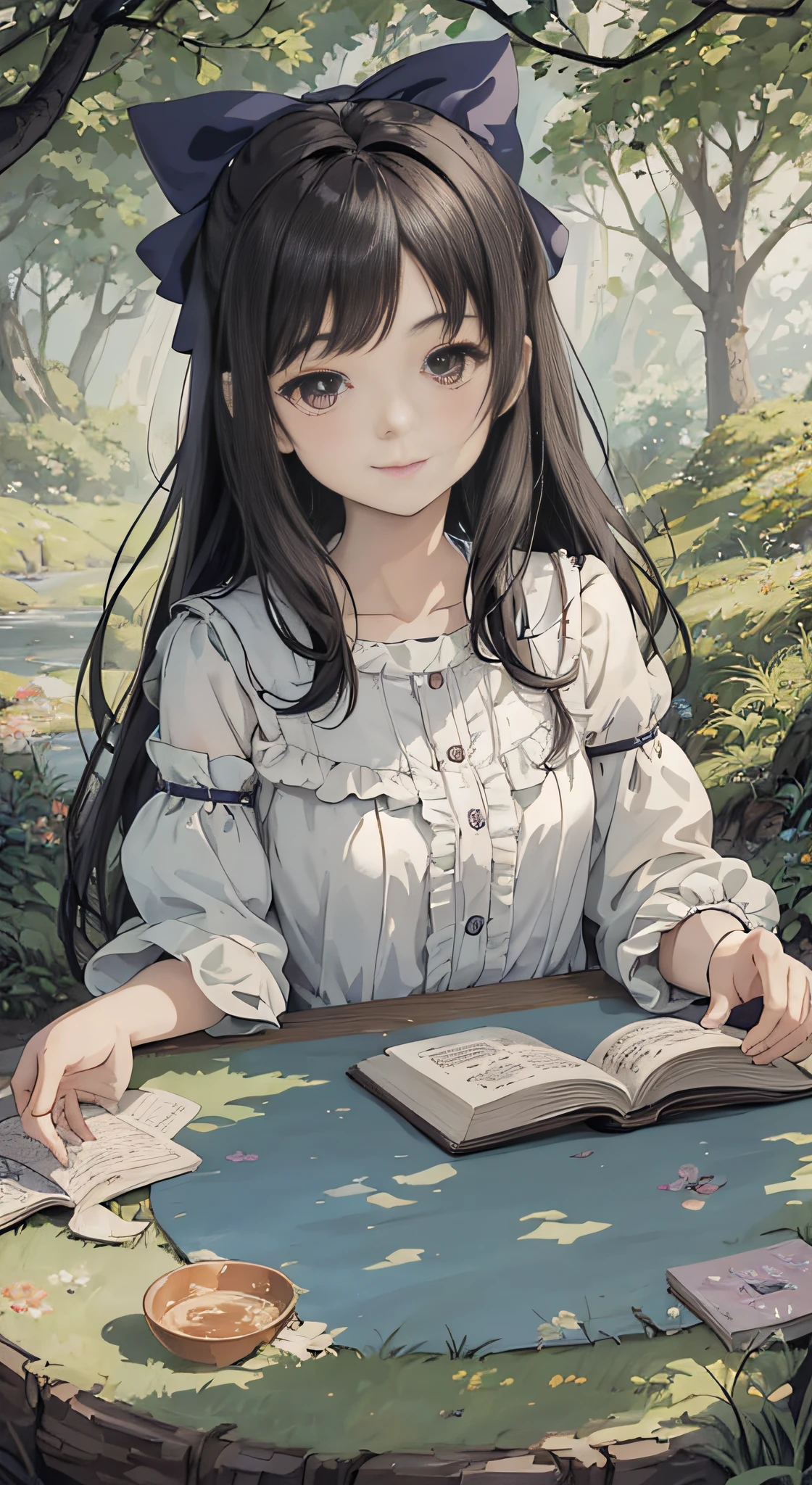 At the age of 16, anime girl reading on a table with lights, enjoying her time in an empty field, surrounded by the beauty of nature, warm sunlight sprinkling on her, wildflowers gently swaying in the breeze. Butterflies and birds flying around her add to the playful atmosphere, anime visuals of cute girls, portraits of cute anime girls, cute detailed digital art, anime style portraits, beautiful anime portraits, digital anime illustrations, cute anime girls, detailed portraits of anime girls, anime style illustrations, kawaii realistic portraits, cute anime girl portraits, detailed fan art, young anime girls, detailed digital anime art, black hair, hair bow, smile, gaze level shooting, Ghibli-like colors, first-person perspective, UHD