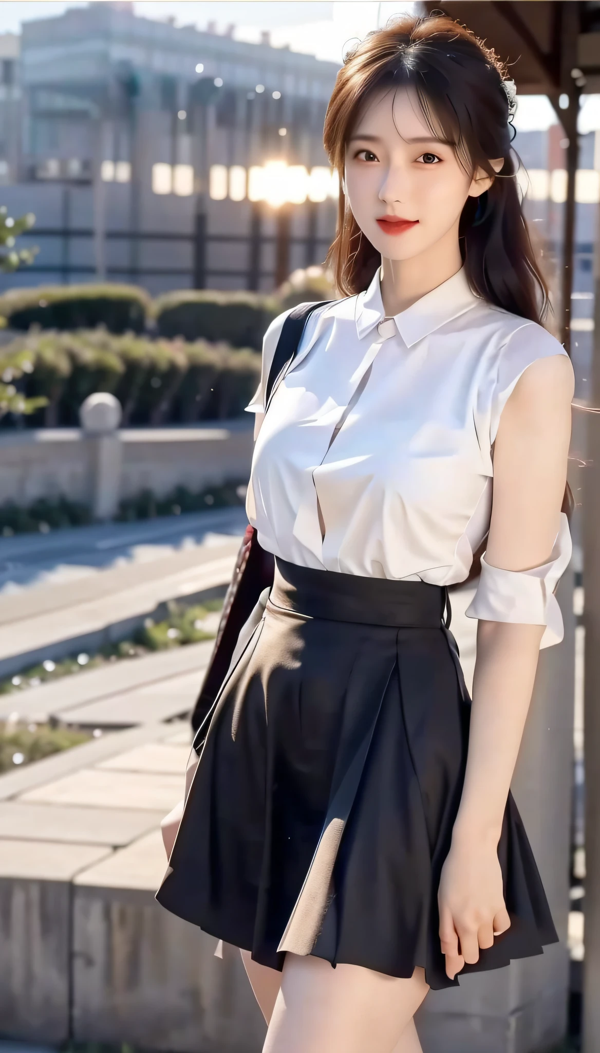 in focus, Full Body Photo (FLS), FHD, 1080P, 2K, 4K, 8K, Mind-bSoft illuminationlowing Details, Unfathomable, Leica camera, Full Length Shot (FLS), cute, Golden Ratio, Soft illumination, absorbing. Super detailed, extremely detailed, beautiful and meticulous girl, 1 girl, (perfect female figure), full body, chiffon shirt, short skirt, long legs, no breasts.