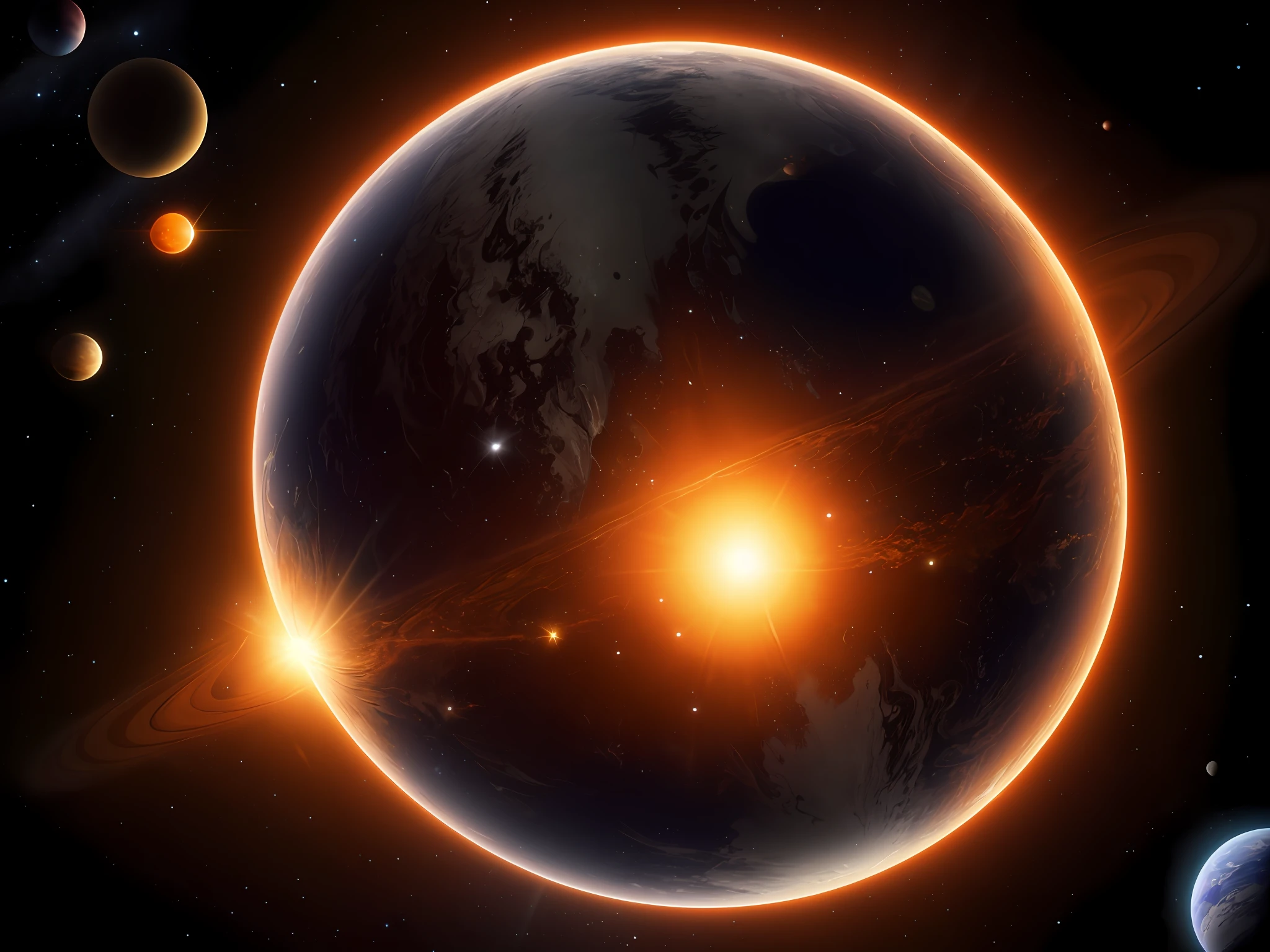 planets in the background of a galaxy with a bright orange sun, behance. high detail, panoramic widescreen view,1, n7, 3d digital art 4k, anamorphic flares, behance. polished, viewed from space, epic wallpaper, by Karel Klíč, wondrous, by Daniël Mijtens