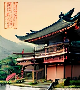 In the background is a picture of the building, a photograph inspired by Toshi Yoshida, pixiv, ukiyo-e, detailed landscape - width 672, Japanese temple, landscape artwork, Japanese temple, Nakagen festival, landscape art detailed --auto --s2
