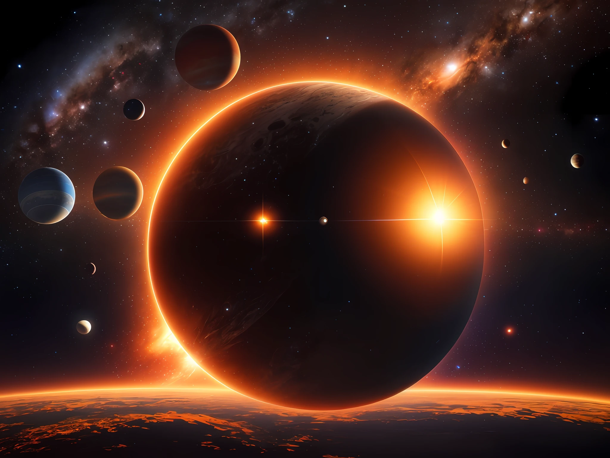 planets in the background of a galaxy with a bright orange sun, behance. high detail, panoramic widescreen view,1, n7, 3d digital art 4k, anamorphic flares, behance. polished, viewed from space, epic wallpaper, by Karel Klíč, wondrous, by Daniël Mijtens