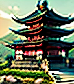 In the background is a picture of the building, a photograph inspired by Toshi Yoshida, pixiv, ukiyo-e, detailed landscape - width 672, Japanese temple, landscape artwork, Japanese temple, Nakagen festival, landscape art detailed --auto --s2