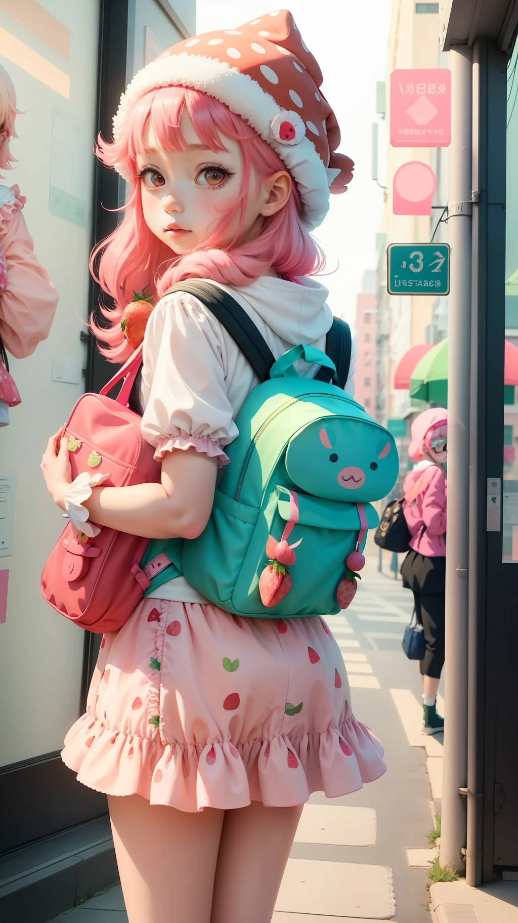 A girl with a strawberry hat, illustrations inspired by decora, cute art style, trend in art, ig studios anime style, vibrant pastel rossdraw, anime art style, manga art style, Instagram art, cute anime art style, vibrant anime rossdraw, in the art style of 8 0 s anime, wearing strawberry backpack
