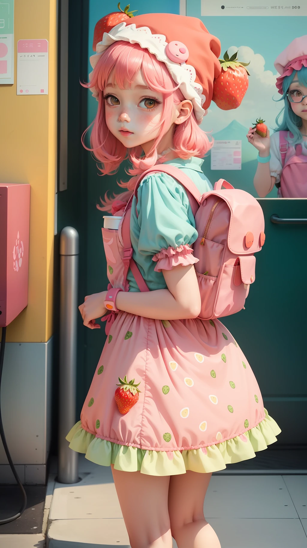 A girl with a strawberry hat, illustrations inspired by decora, cute art style, trend in art, ig studios anime style, vibrant pastel rossdraw, anime art style, manga art style, Instagram art, cute anime art style, vibrant anime rossdraw, in the art style of 8 0 s anime, wearing strawberry backpack
