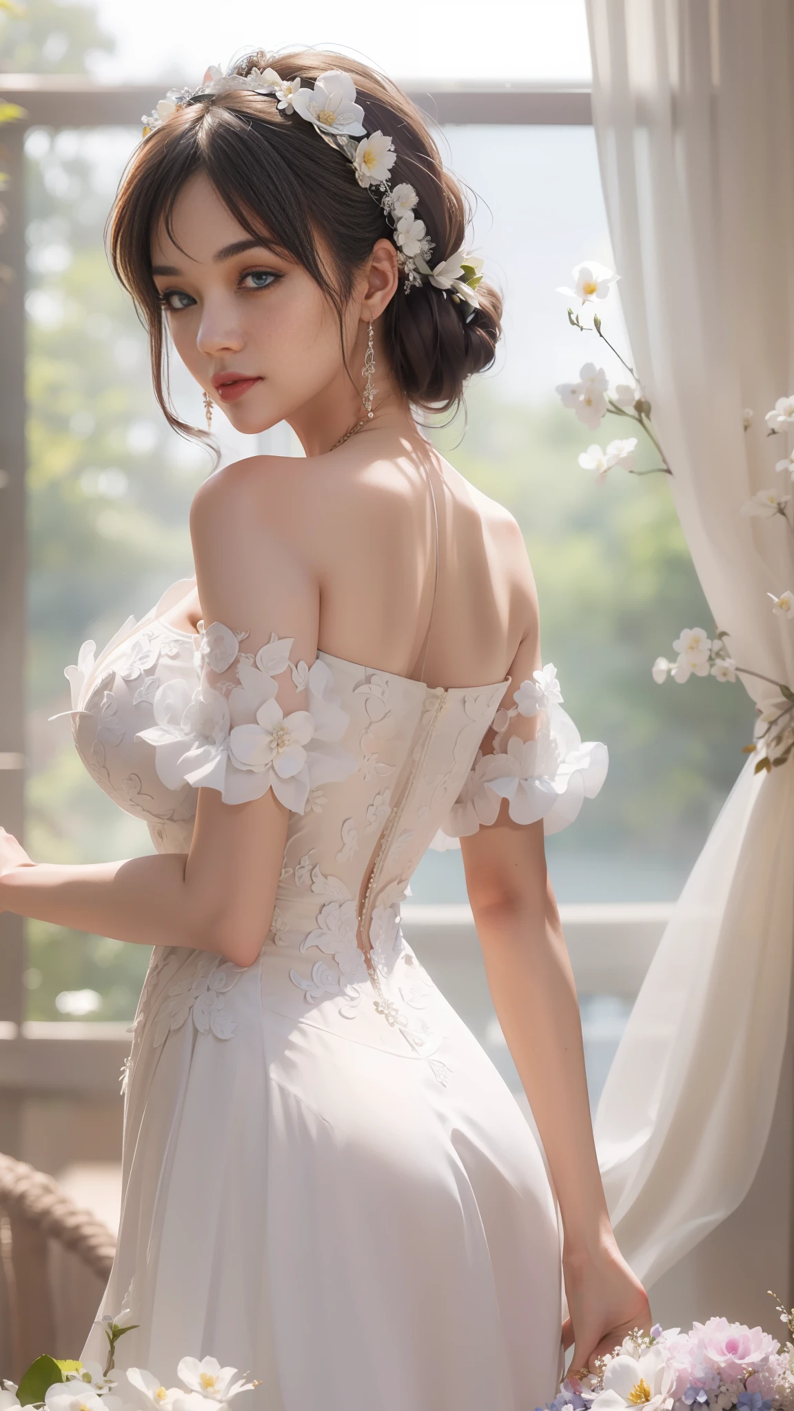 araffe asian woman in a white dress with a flower in her hair, elegant corset, white royal dress, romantic dress, silk dress, royal elegant pose, rococo queen, elegant glamourous cosplay, imperial royal elegant clothing, victorian dress, lovely queen, fantasy long intricate gown, silk satin, romantic gown, cute elegant pose, exquisite aristocratic, masterpiece, superdeformed, full body: 1.2, ultra high res, RAW photo, masterpiece, ultra detailed, 8k, full detailed hair, highres, best quality, ultra high res, ultra detailed face and eyes, (photorealistic:1.4), looking at viewer, smiling, cute, (ray tracing:1.4), (long legs:1.4), Best quality , masterpiece, large hip, big melons, big butt, large chest, large hip , big breast, Yua Mikami, Fully facial detailed, beautiful, ((very detailed of hair )) , ((())), thin lips, big eyes, highres, seducing, blue eyes , slim waist, 8k, 16k, highres,
karol bak uhd, inspired by hajime sorayama,