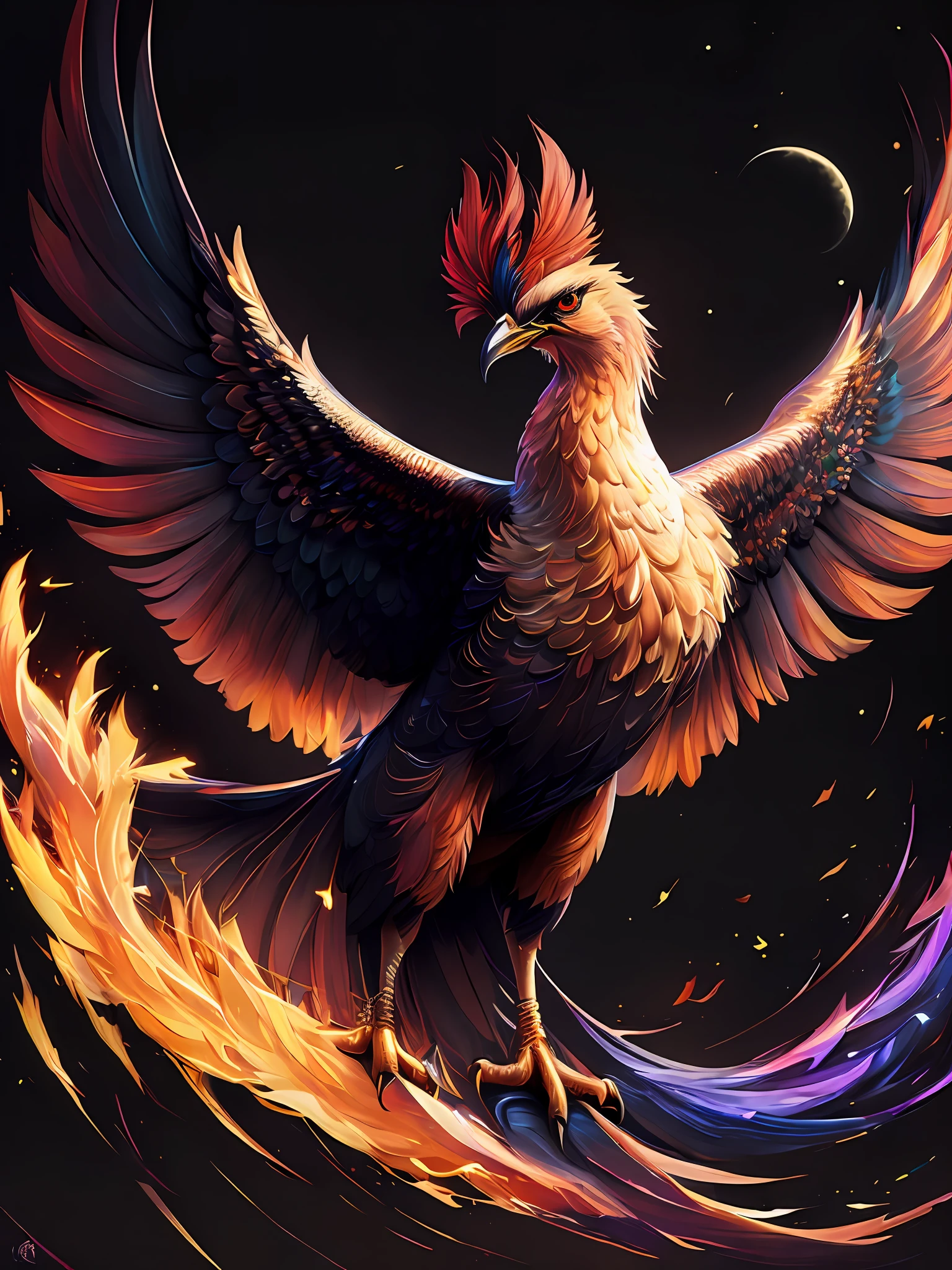 intricate and colorful, (digital painting:1.2) of phoenix firebird, (black background), by Artgerm, concept art, octane render, trending on artstation, iolibt, vfx, Blender and Photoshop, octane render, excellent composition, cinematic atmosphere, dynamic dramatic cinematic lighting, aesthetic, very inspirational, arthouse