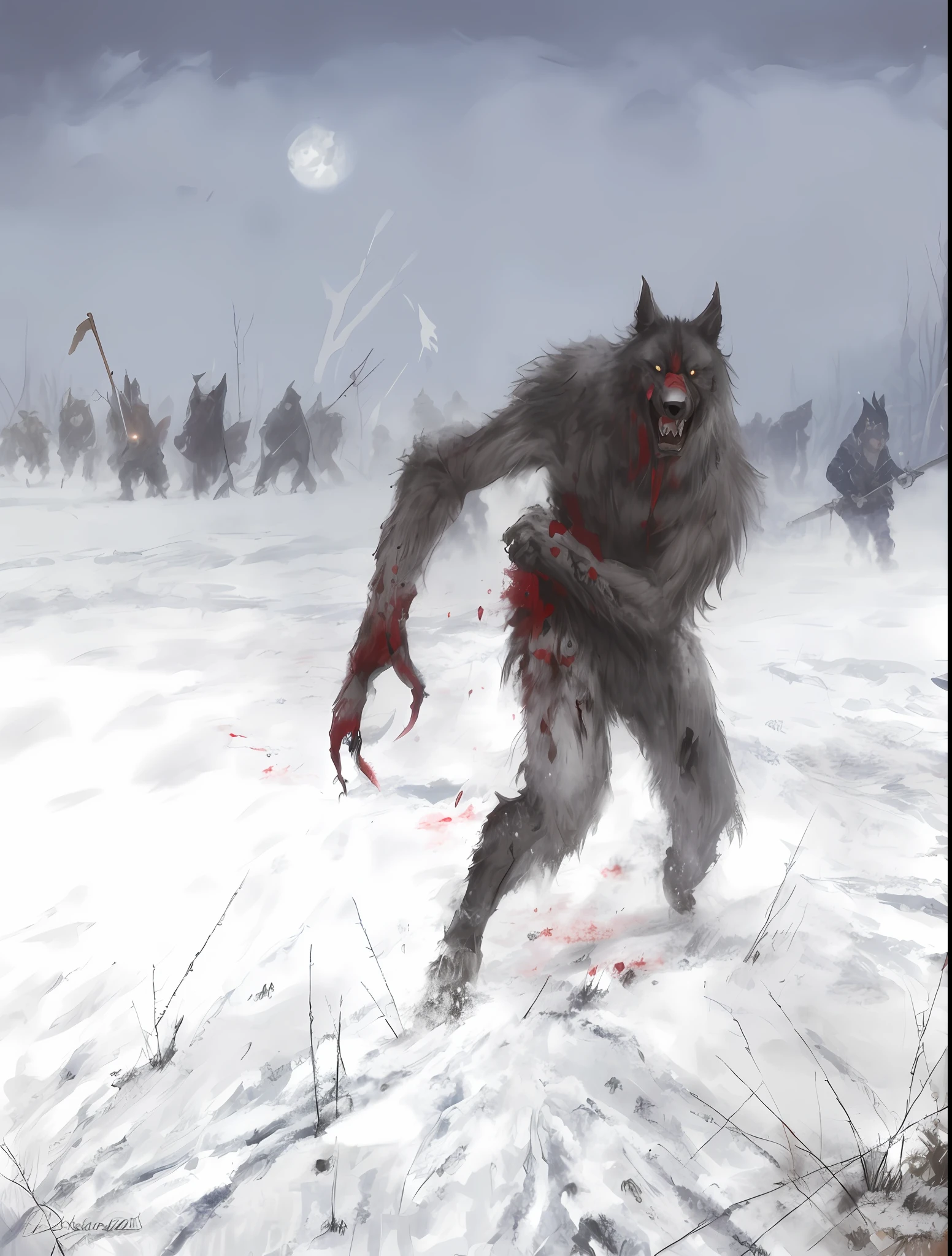 painting of a werewolf with a bloodied face running through a snow-covered field, inspired by Jakub Rozalski, style of jakub rozalski, jakob rozalski, by Jakub Rozalski, a minotaur wolf, werewolf?, by Relja Penezic, rozalski, werewolf.