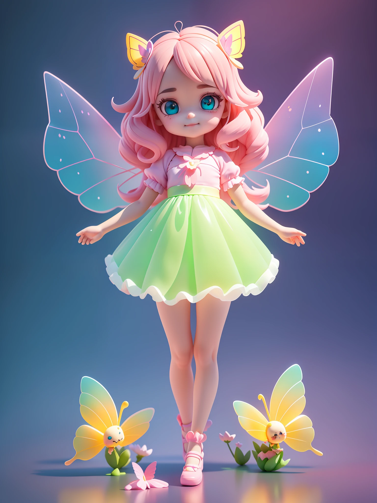 Detailed plastic material, (same character, front, side, back)) best quality, (very detailed model), (best quality), octane rendering, ray tracing, very detailed, 3D toy, exaggerated giant hair, little girl (full body) (3D hair, cute hair accessories, ((kids)), beautiful eyes, cute big eyes, cute face, pink green gradient, drum skirt, cute skirt, chib, fluorescent translucent, colorful, plastic, children, transparent, product design, glowing jelly, Delicate and cute plastic, beautiful light and shadow 3D, digital art, translucent plastic bubblegum, close-up, 3D, super detailed, generate front view, side view, rear view three views, borderless, c4d, Octane rendering, Blender, HD, full body, simple background! Butterfly wings) (((body symmetrical left and right))) (smile) (full body portrait) (skirt to knee) (butterfly fairy) (fly up) (a girl) (face light) (skirt to knee) (skirt to knee) (skirt covers thighs) (and detailed details) (masterpiece) (stand up straight) (beautiful butterfly wings) (translucent) (glow)