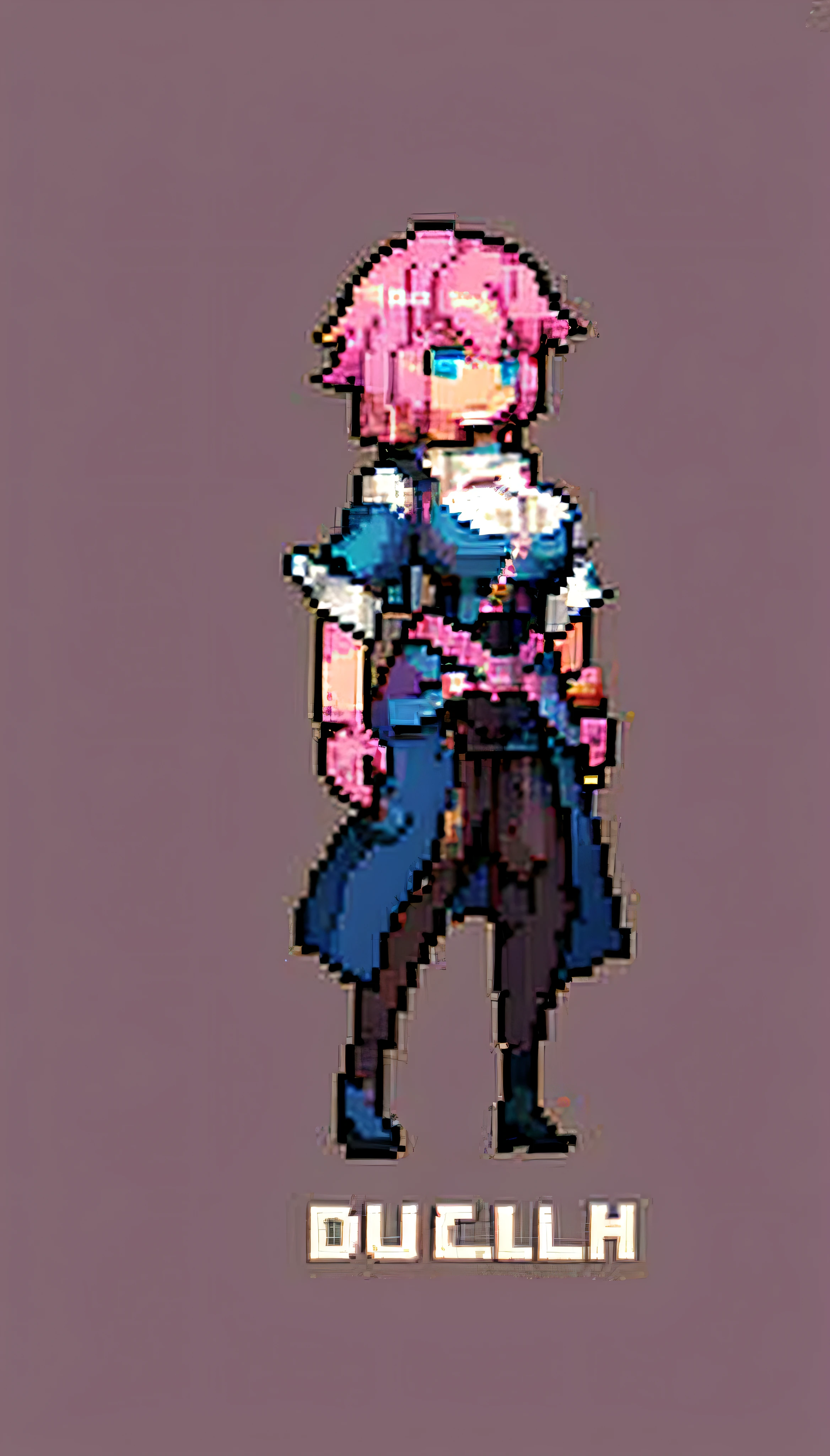 Pink hair, blue eyes, big breasts, jk