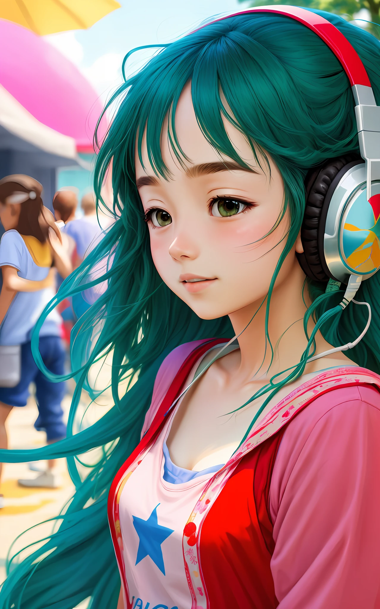 stars, shining, people play and party, summer, headphone and music in the background, vibrant colors, bright sunny background, Ghibli studio