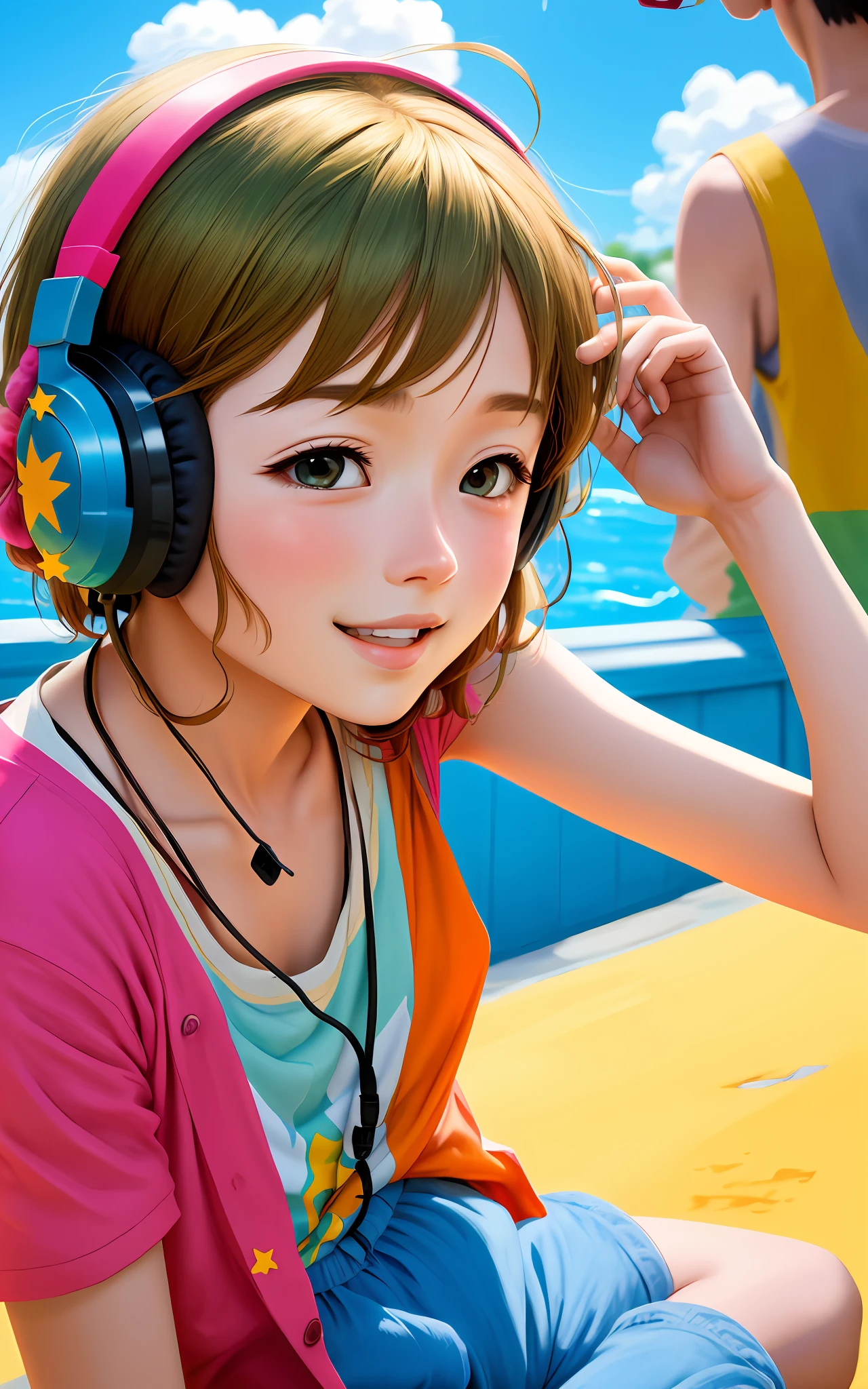 stars, shining, people play and party, summer, headphone and music in the background, vibrant colors, bright sunny background, Ghibli studio