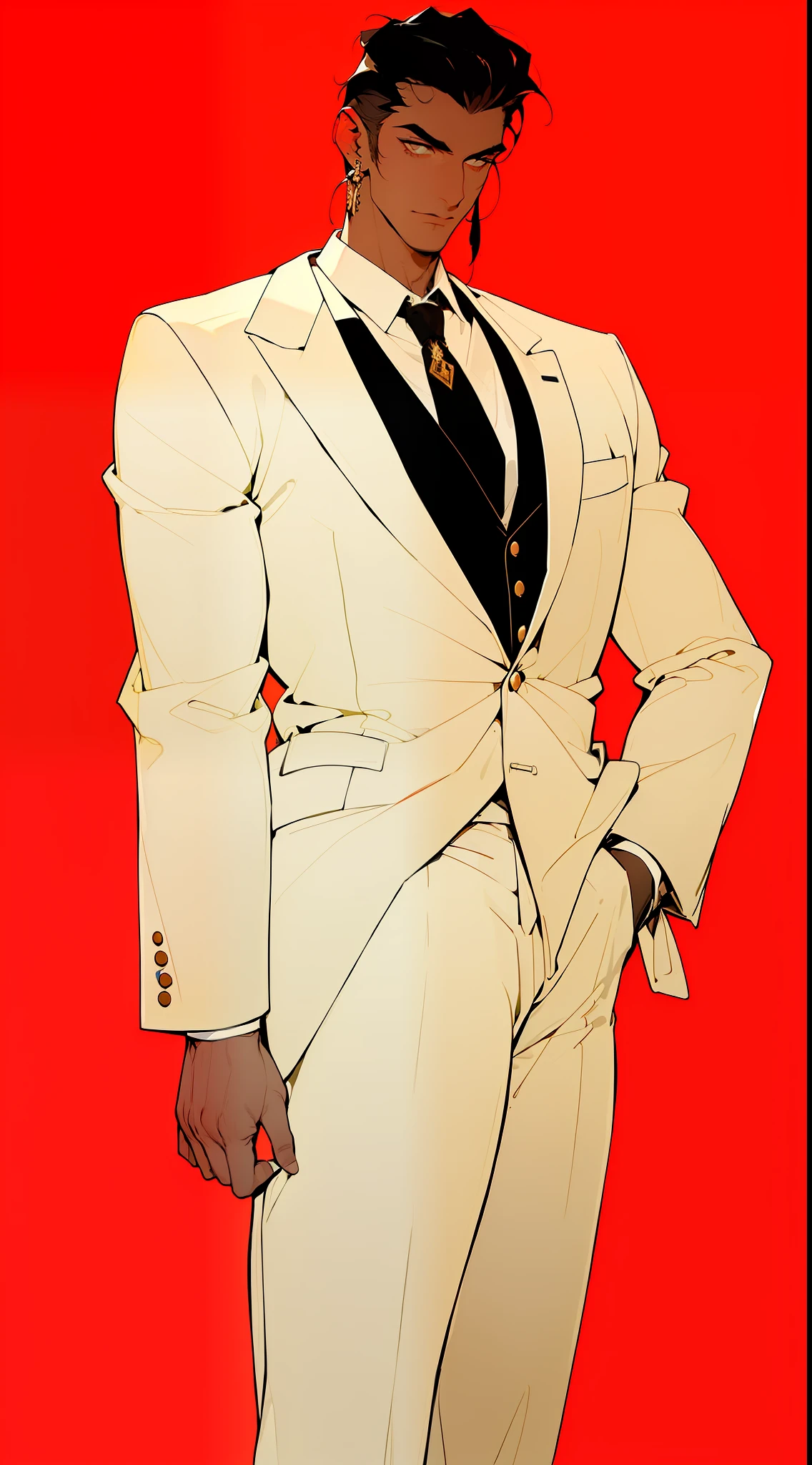 ((Masterpiece, Superb Business Negotiation Aesthetics)), 1 male solo, close-up, (Determined eyes), (Black blazer, white shirt, tie, trousers), (Long black hair), (Formal wear), Mature man, (Clear facial features, detailed skin texture, handsome face), white background, earrings, yellow skin, standing, (Masterpiece, top quality, best quality), (((flat color))),