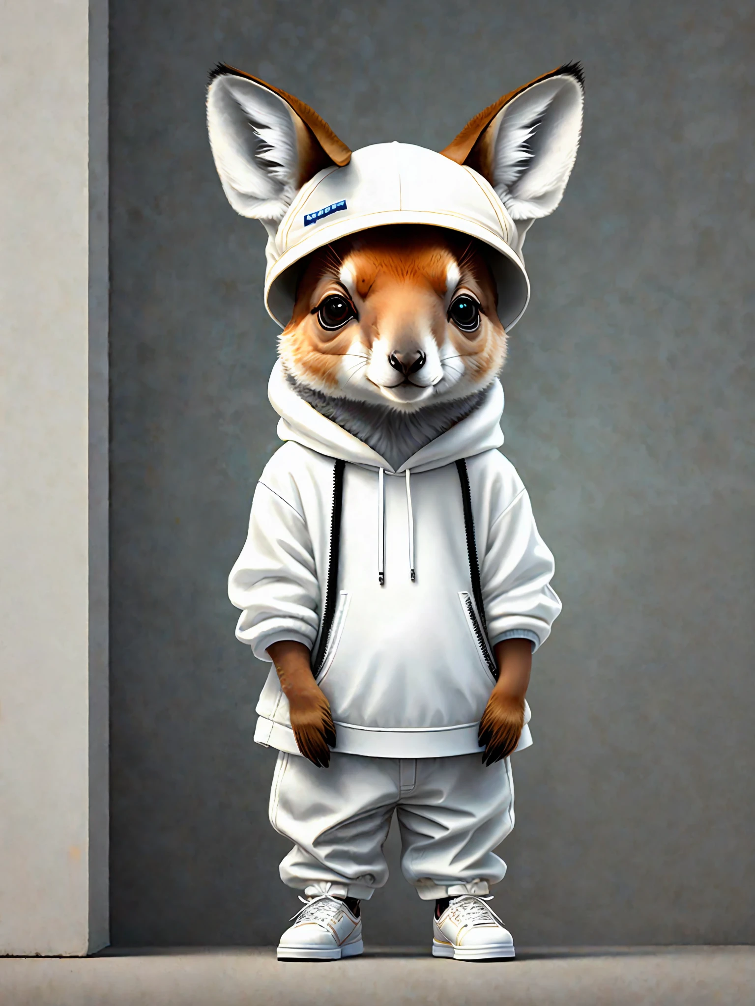 a painting of a small kangaroo cap, trend in the art station, dressed in white clothes, detailed hyper realistic rendering, gang member, street style, intimidating pose, planet of the kangaroos, stylish white clothing