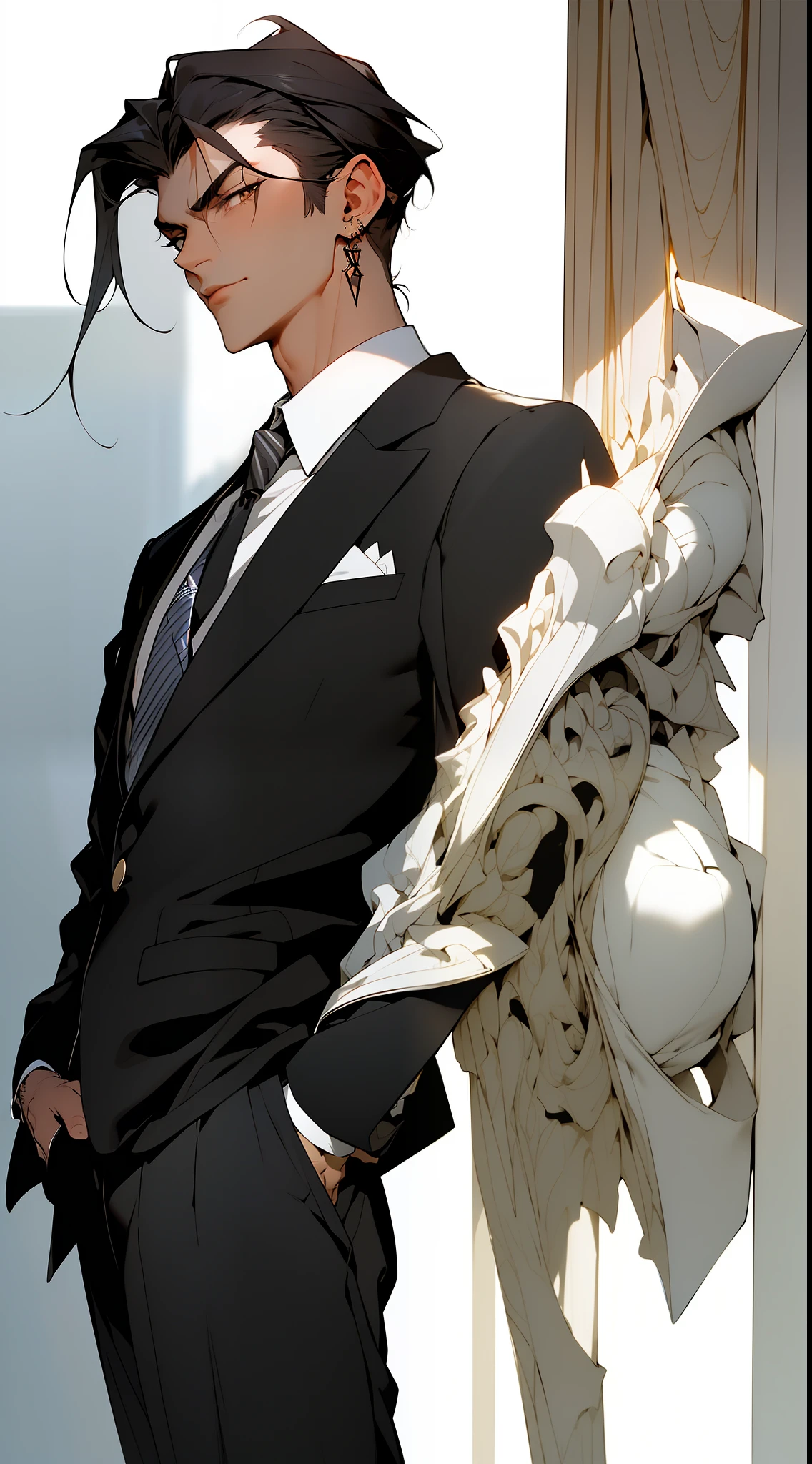 ((Masterpiece, Superb Business Negotiation Aesthetics)), 1 male solo, close-up, (Determined eyes), (Black blazer, white shirt, tie, trousers), (Long black hair), (Formal wear), Mature man, (Clear facial features, detailed skin texture, handsome face), white background, earrings, yellow skin, standing, (Masterpiece, top quality, best quality), (((flat color))),