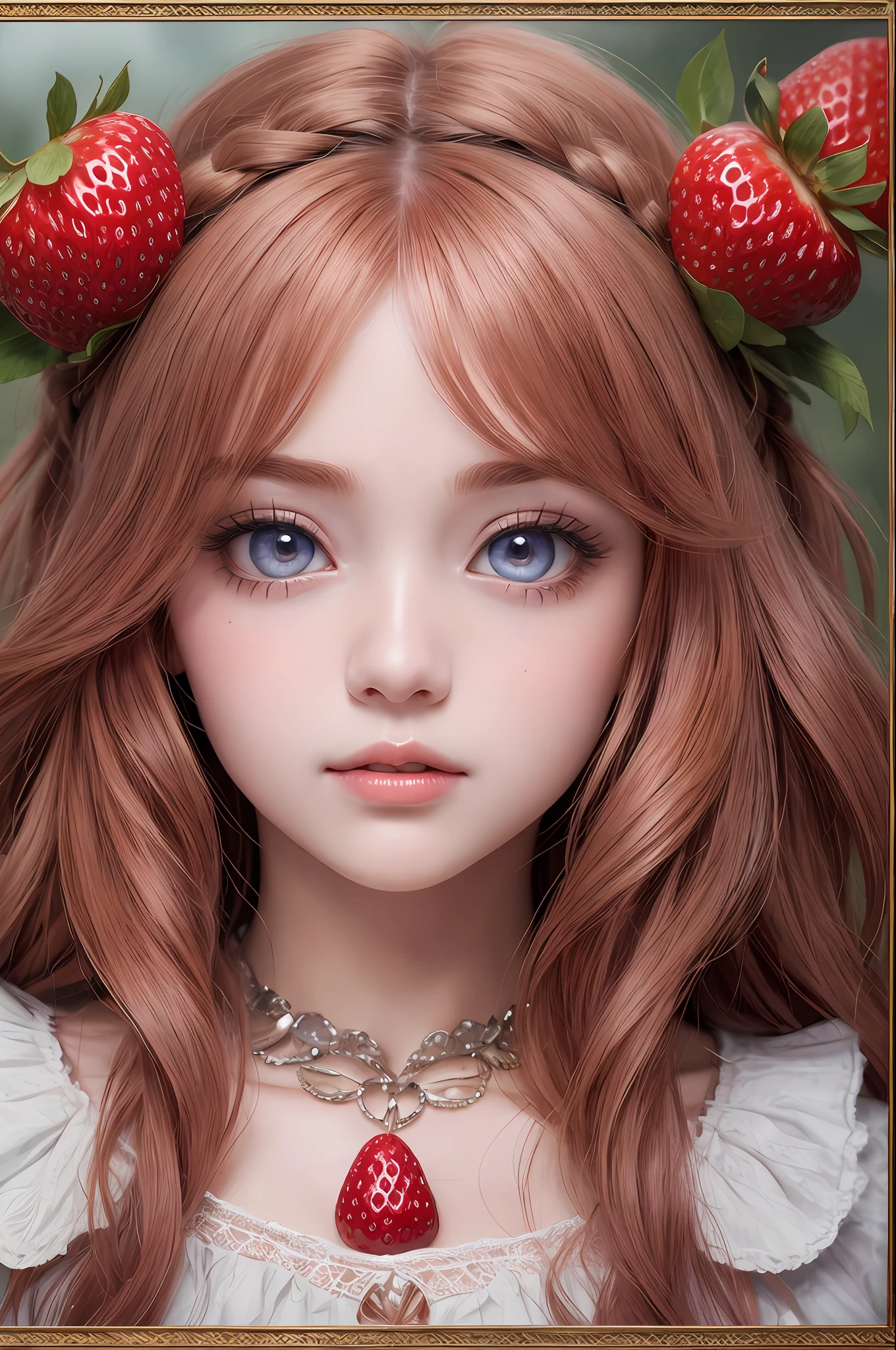 Absurd, ultra-detailed, high quality, masterpiece, detailed face, beautiful eyes(detailed eyes), Dreamy , Romantic , Vivid, girl , strawberry shortcake character, cute , whole body
